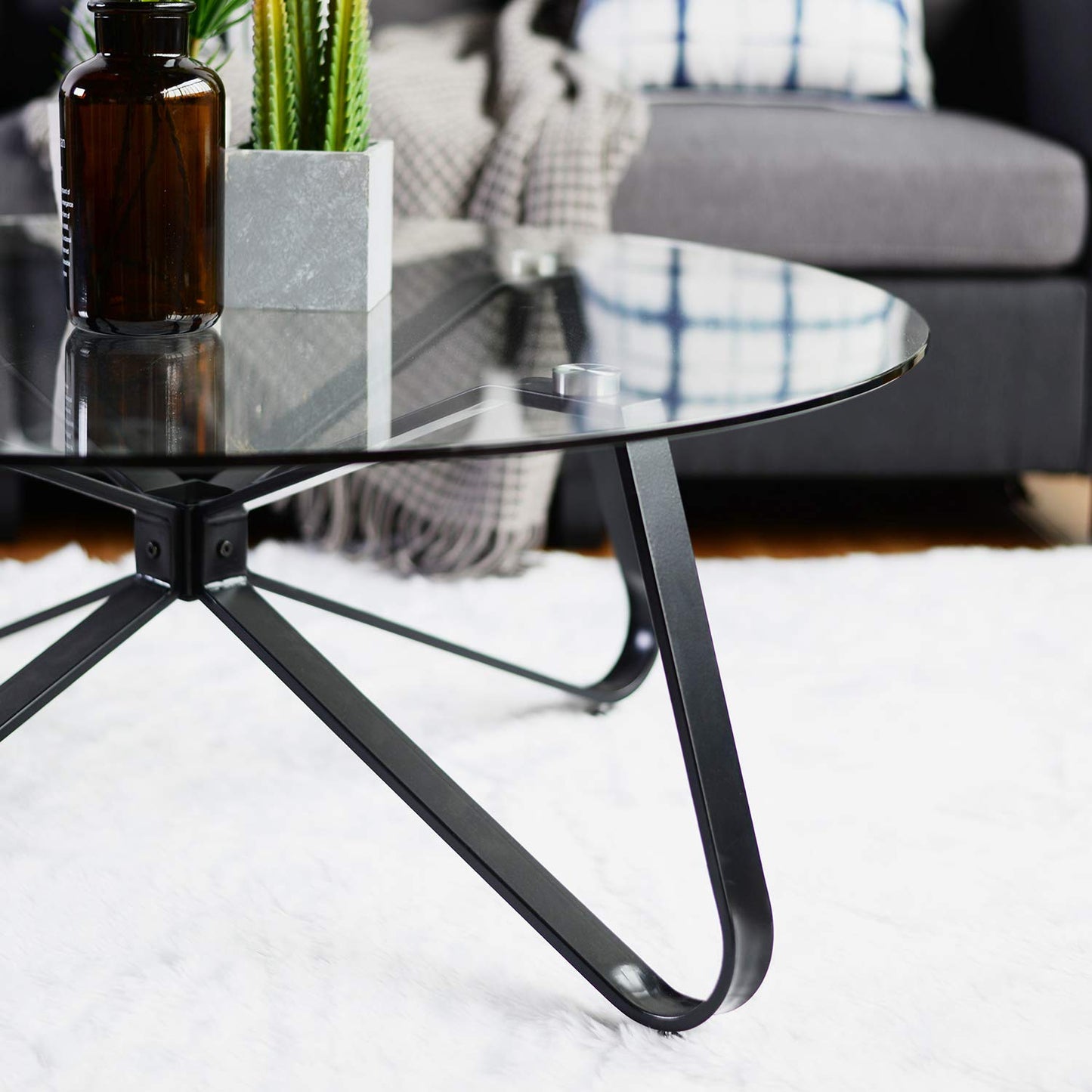 FurnitureR Round Coffee Table Tempered Glass Top Metal Design Leg Nordic Minimalism Style Tea Table for Home Living Room, D80cmxD80cmxH40cm