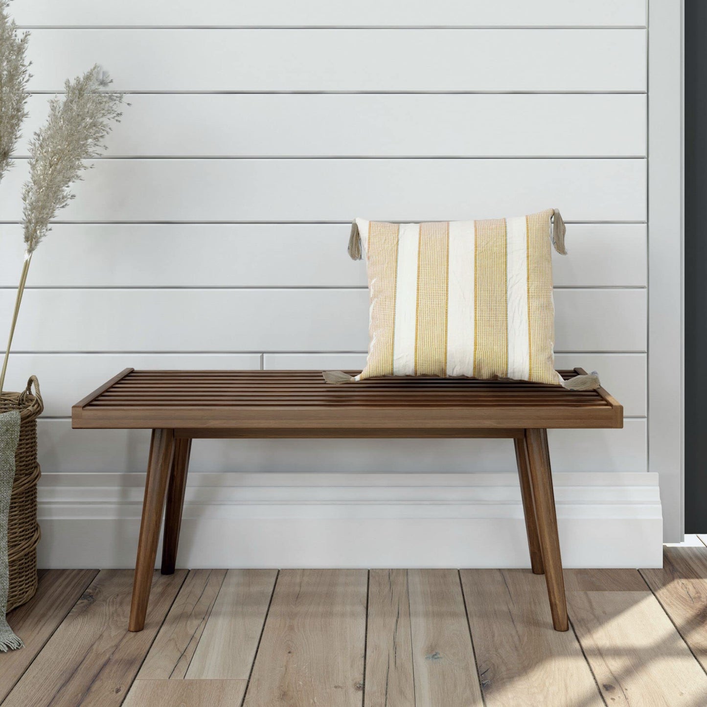 Maxwood Furniture Plank plus Beam Mid-Century Single Wood Entryway Bench, Walnut, 41.25 Inch