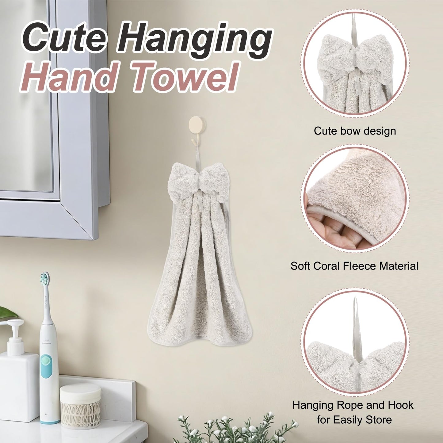 sourcing map 4Pcs Bow Hand Towels with Hanging Loop, 14.2" x 12.2" Soft Coral Fleece Microfiber Bowknot Hanging Hand Dry Towels Quick Dry and