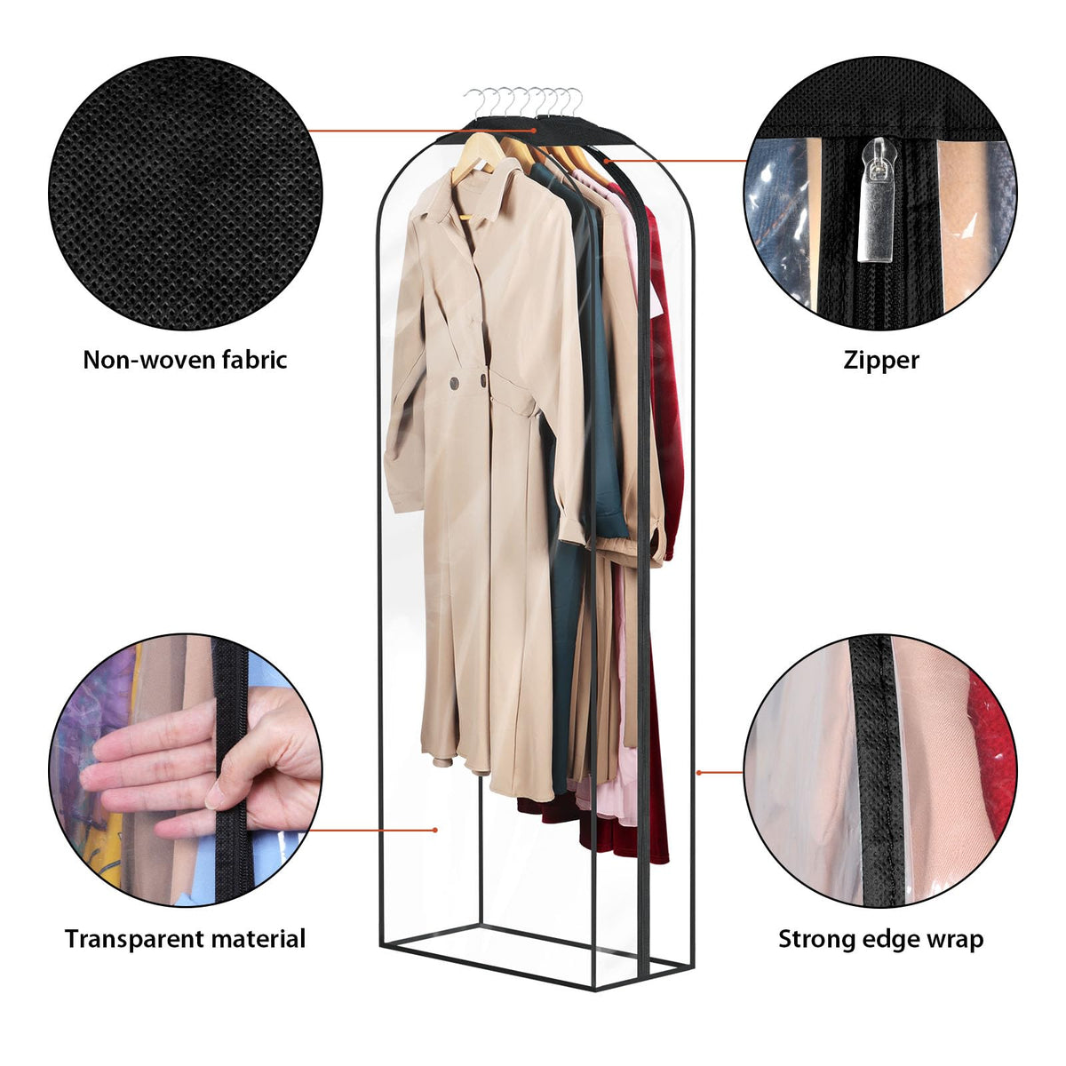 DecacnX 60" Dress Covers Garment Bags Full Length, 10" Gusseted Hanging Dress Bags Covers Long with Side Zipper, Clear Clothes Covers for Dresses