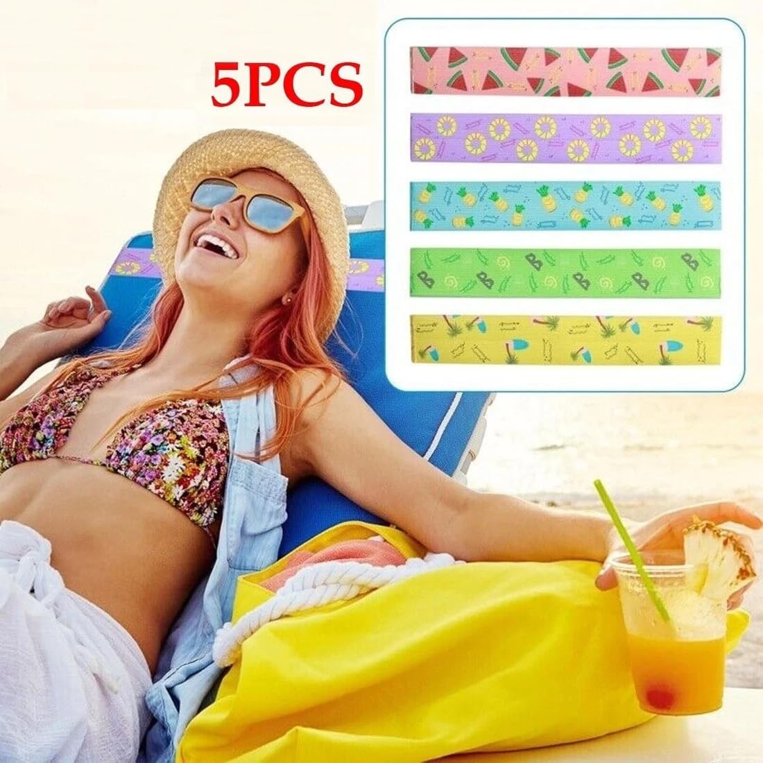 FiTspi 5Pcs Beach Towel Bands for Sun Loungers, Elastic Band for Sunbed Towel, Fixed Beach Towel Holder Sunbed Straps Holders