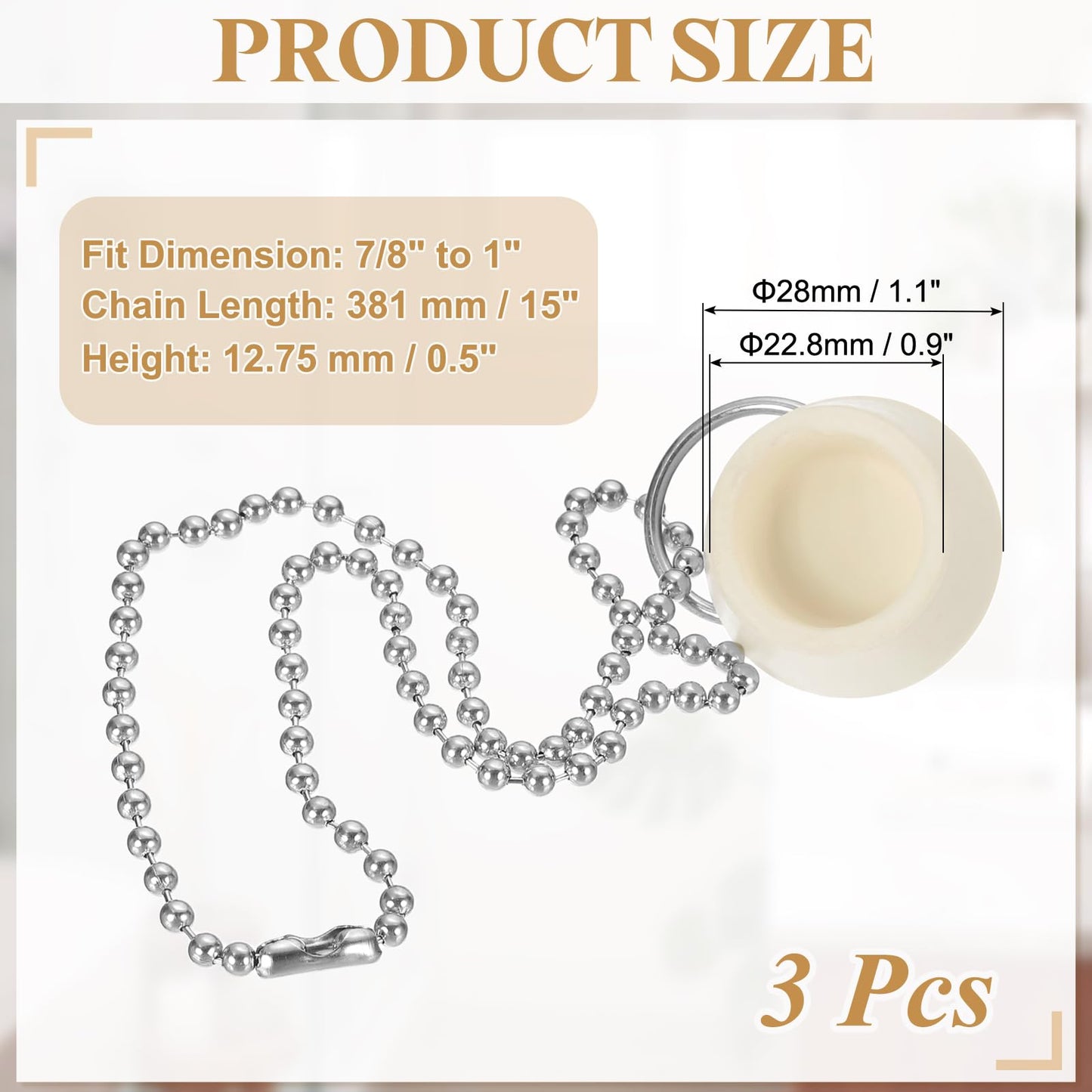 PATIKIL Tub Drain Stopper, 3Pcs for 7/8" to 1" Rubber Bath Tub Drain Sink Stopper with Pull Ring Stainless Steel Beaded Chain for Kitchen Sink