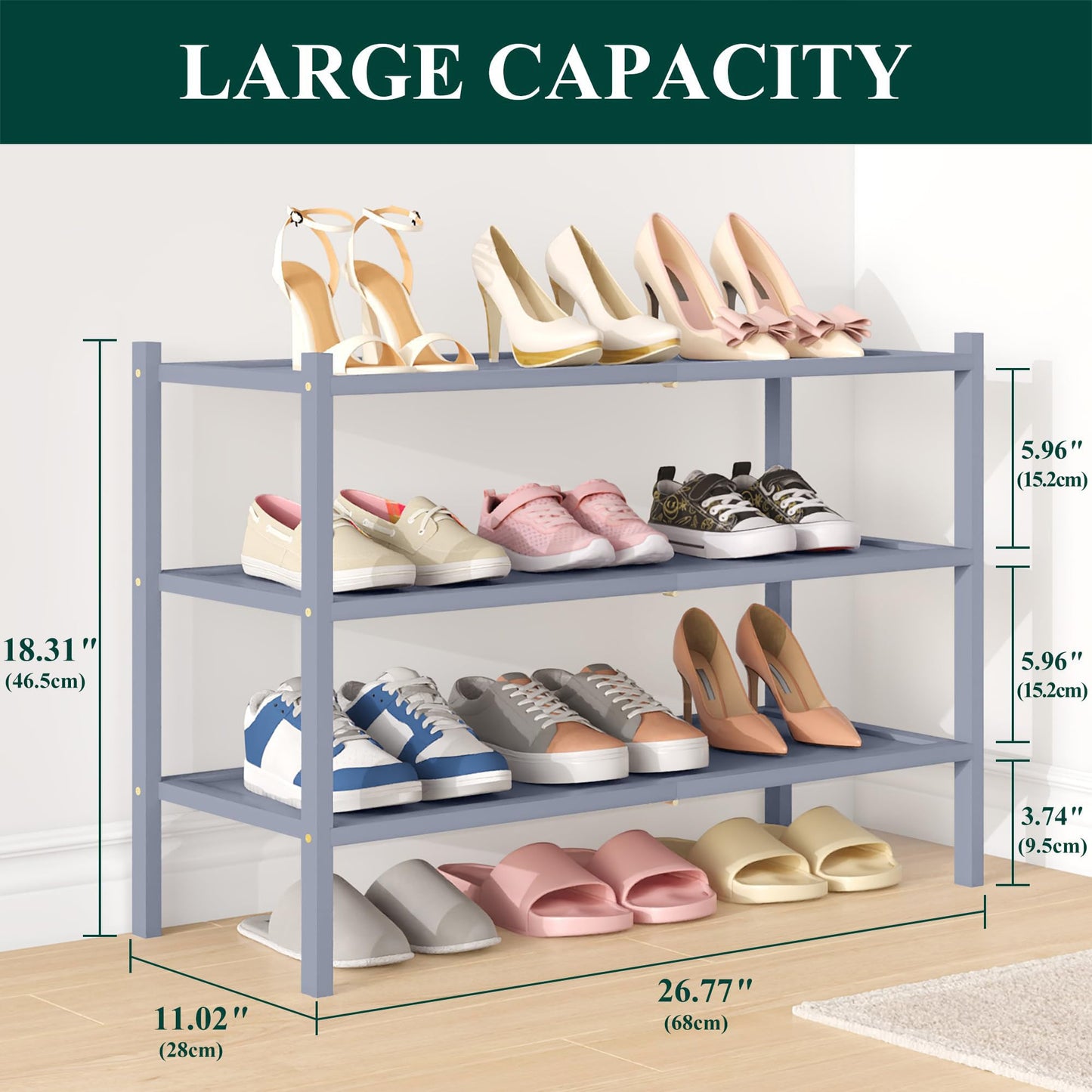 smiry Bamboo Shoe Rack, 3 Tier Shoe Organizer for Entryway & Living Room, Stackable Free Standing Storage Shelf for Shoes, Bags & Plants, Gray