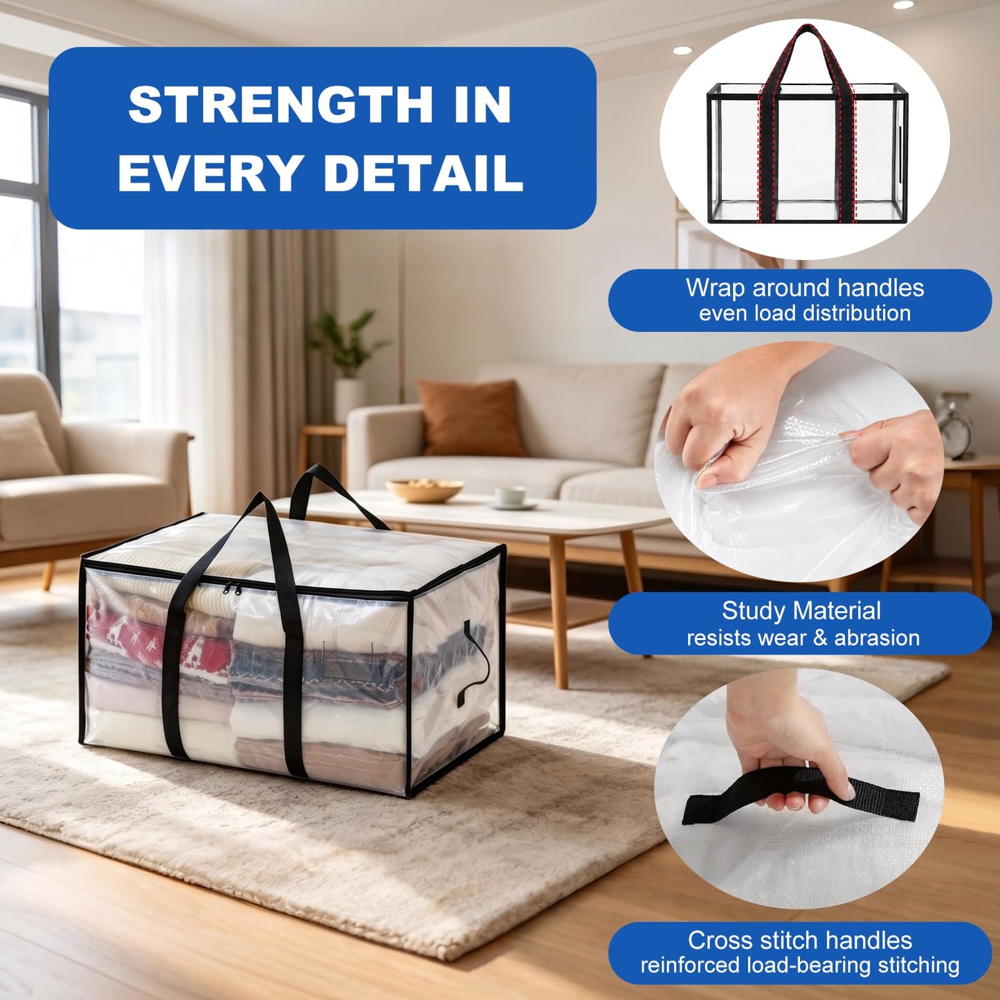 6 Pack Clothes Storage Bags with Zips, 94L Heavy Duty Clear Moving Bags
