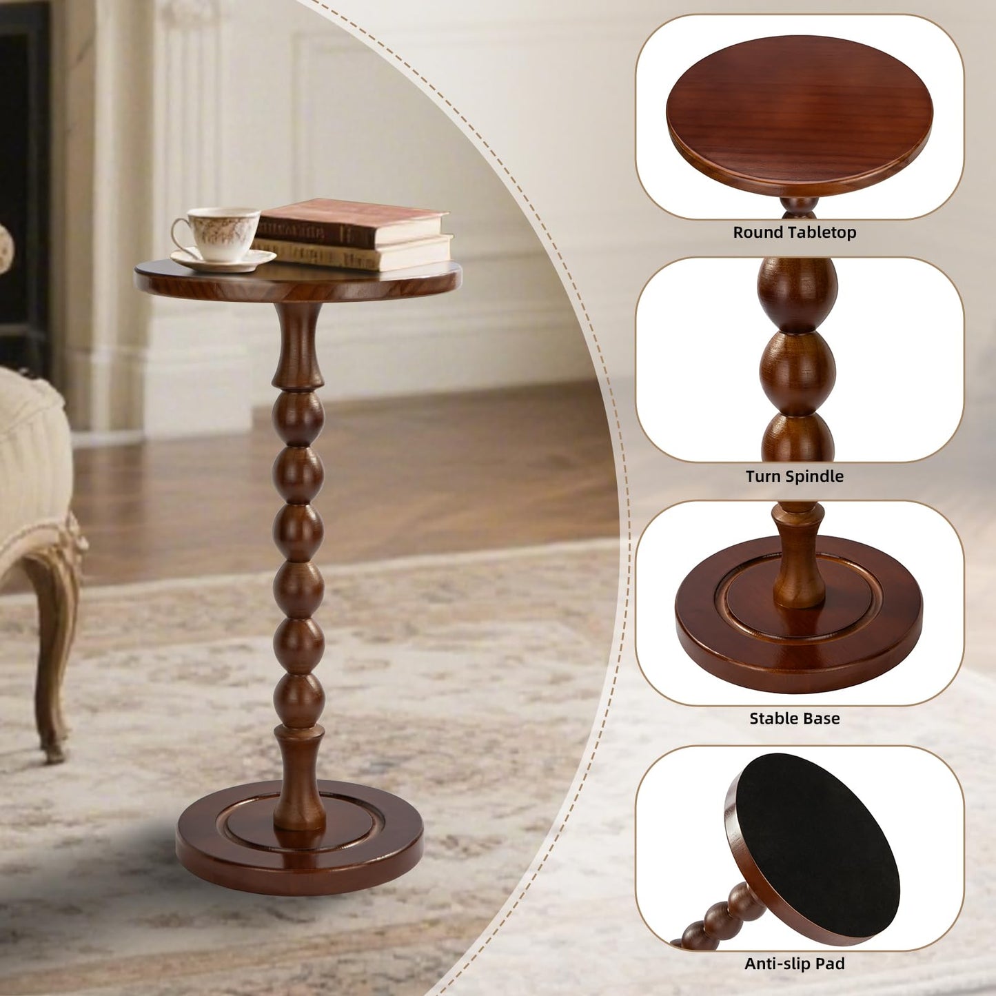 Lampaggio Round Side Table for Small Spaces, Drink Table with Oak Wood Pedestal, Modern End Table Nightstand for Living Room, Bedroom, Office