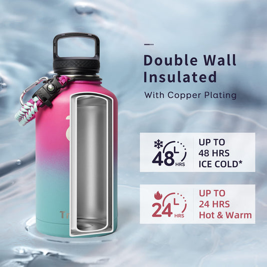 Trebo Stainless Steel Water Bottle 2L, Wide Mouth Insulated Water Bottle Double with Paracord Handle Sports Bottle Keep Cold 48 Hours Water Bottle