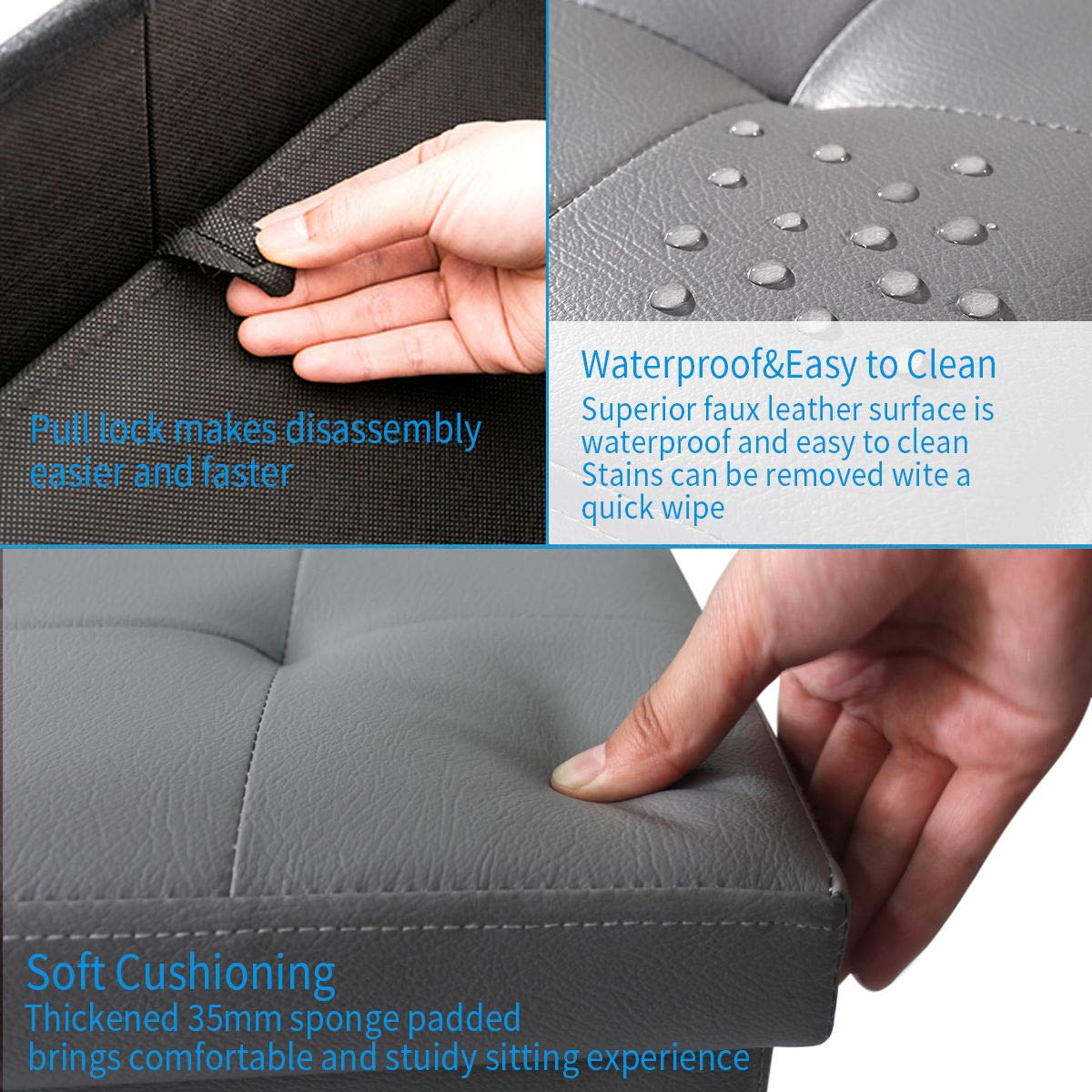 BRIAN & DANY Folding Ottoman Storage Box with Lid, Faux Leather Footstool Toy Storage Box Storage Seat 38 x 38 x 38 cm (Gray)