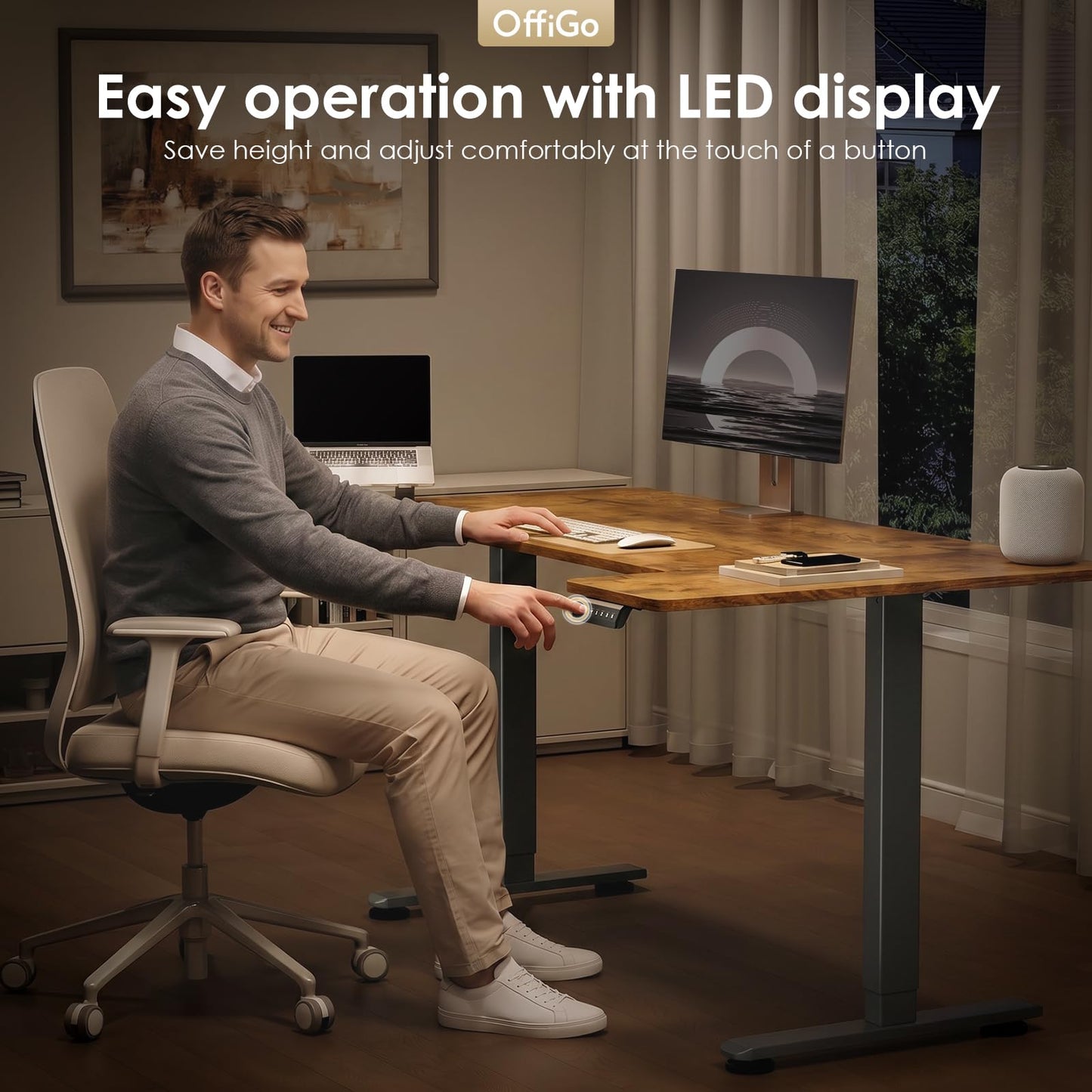 OffiGo Height Adjustable Desk, U Shaped Standing Desk with 3 Memory Presets