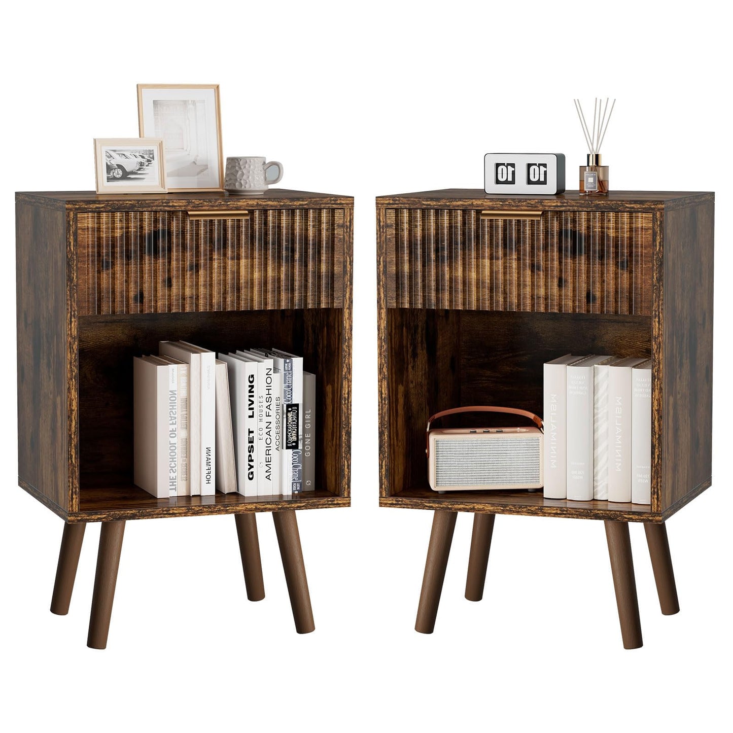 YMYNY Mid Century Modern Nightstand Set of 2, Side Table with Fluted Drawer, Open Shelf Unit, Golden Handle, Solid Wood Legs, Bedside Table
