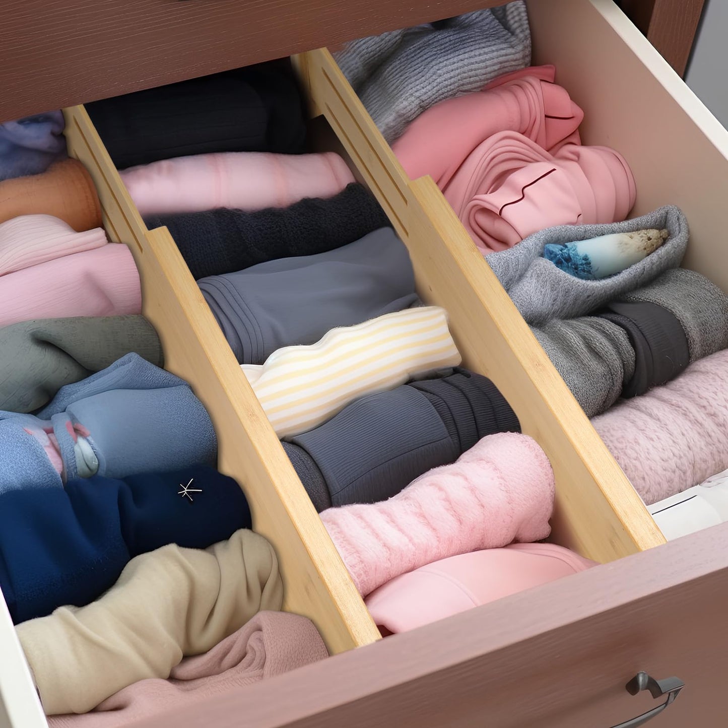 Dresser Drawer Organizers 6 Pack, 4.65'' High Adjustable from 12-17.5‘’ Bamboo Drawer Dividers for Clothing Baby Clothes