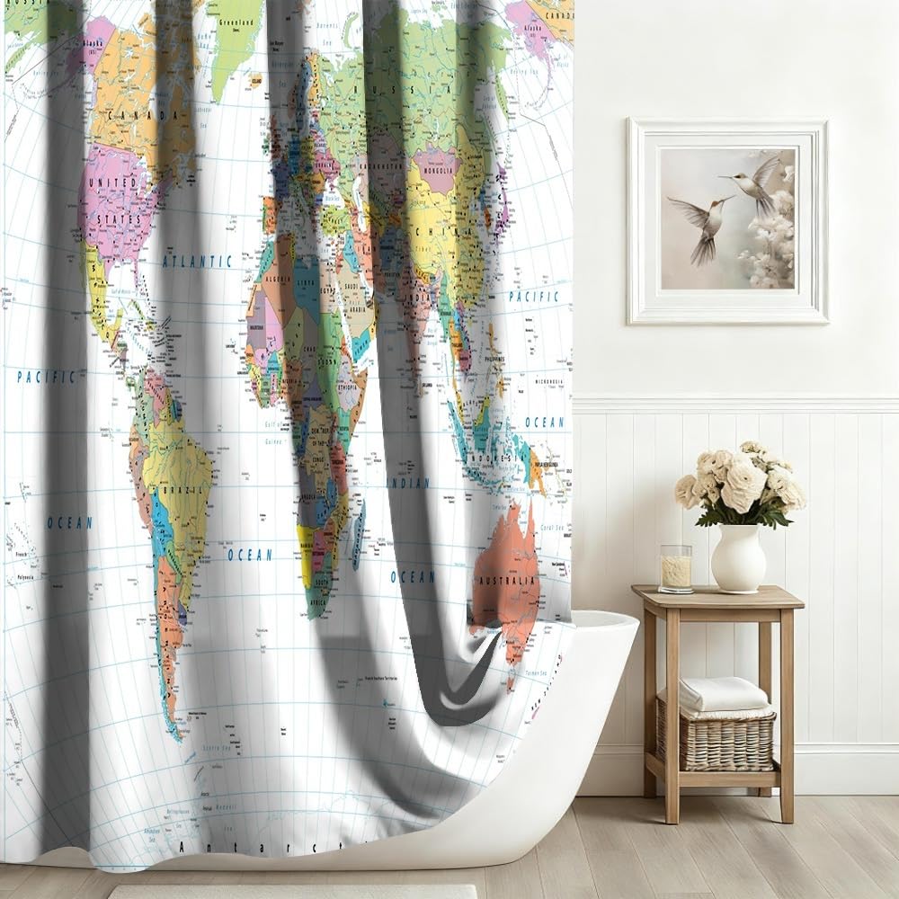 Xiaoterna World Map Shower Curtain Colorful Nautical Map Ocean Bathroom Curtain White Coastal Ocean Shower Curtain for Bathroom Machine Washable