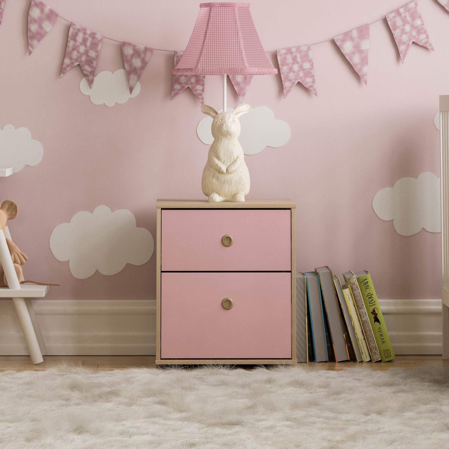 Junior Vida Neptune 2 Drawer Bedside Table Cabinet Chest of Drawers Bedroom Storage Children's Kids Furniture, Set of 2 (Pink & Oak)