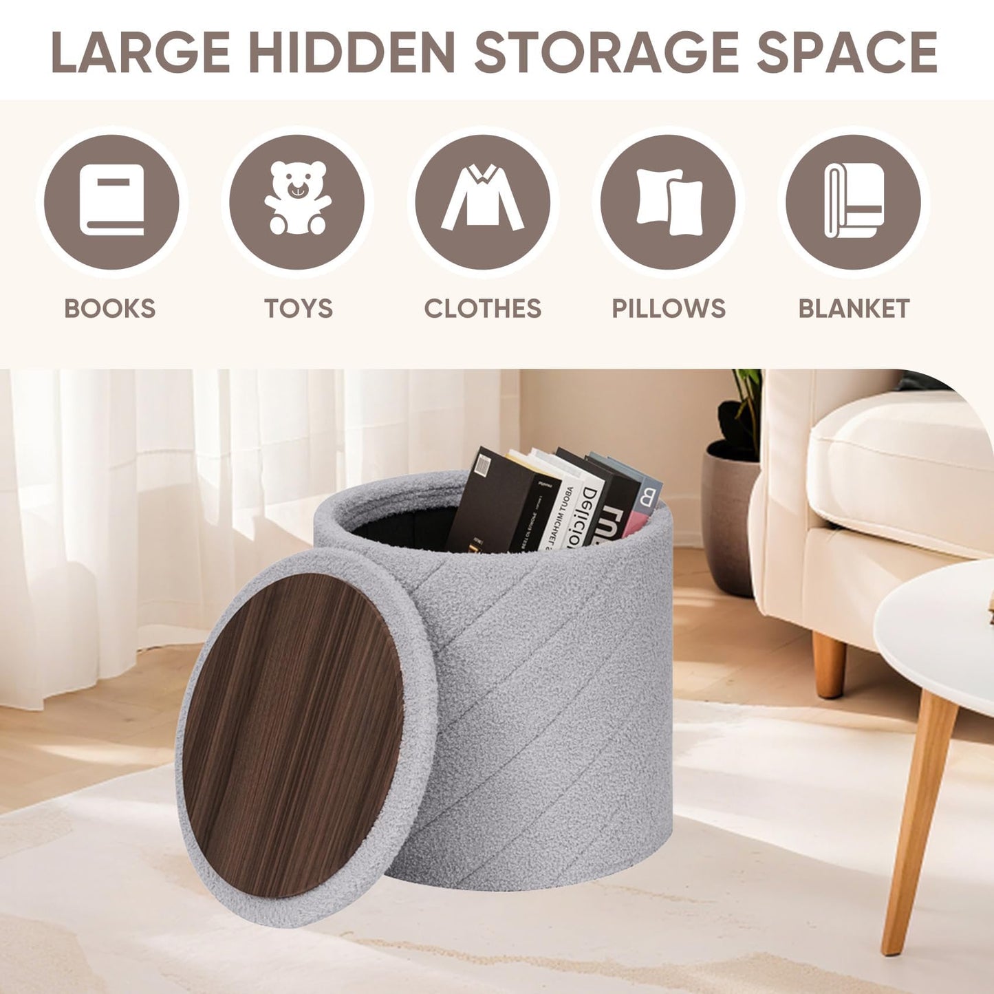 Bonlife Round Ottoman Stool with Storage, Folding Footstool with Lid,Boucle Vanity Stool for Living Room,Bedroom,Entryway,Grey,43x43x45cm