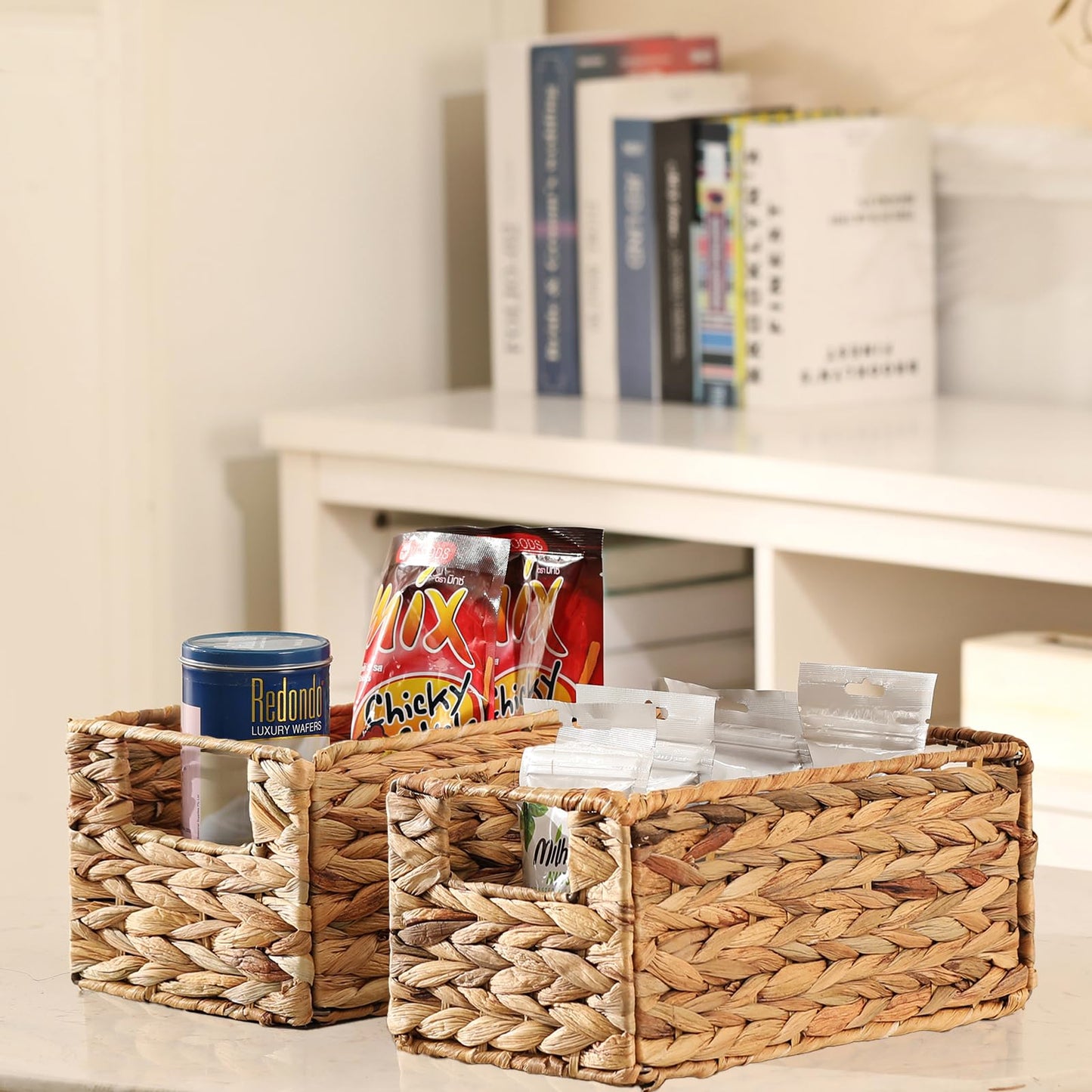 Vagusicc Water Hyacinth Storage Baskets for Shelves, Small Organizer Box Storage Bins with Handles, Wicker Basket for Bathroom Storage