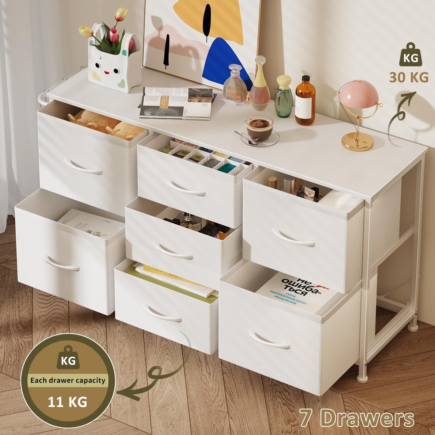 Modern Chest of Drawers 7-Drawer Storage Unit Bedroom White(100x30x55cm)