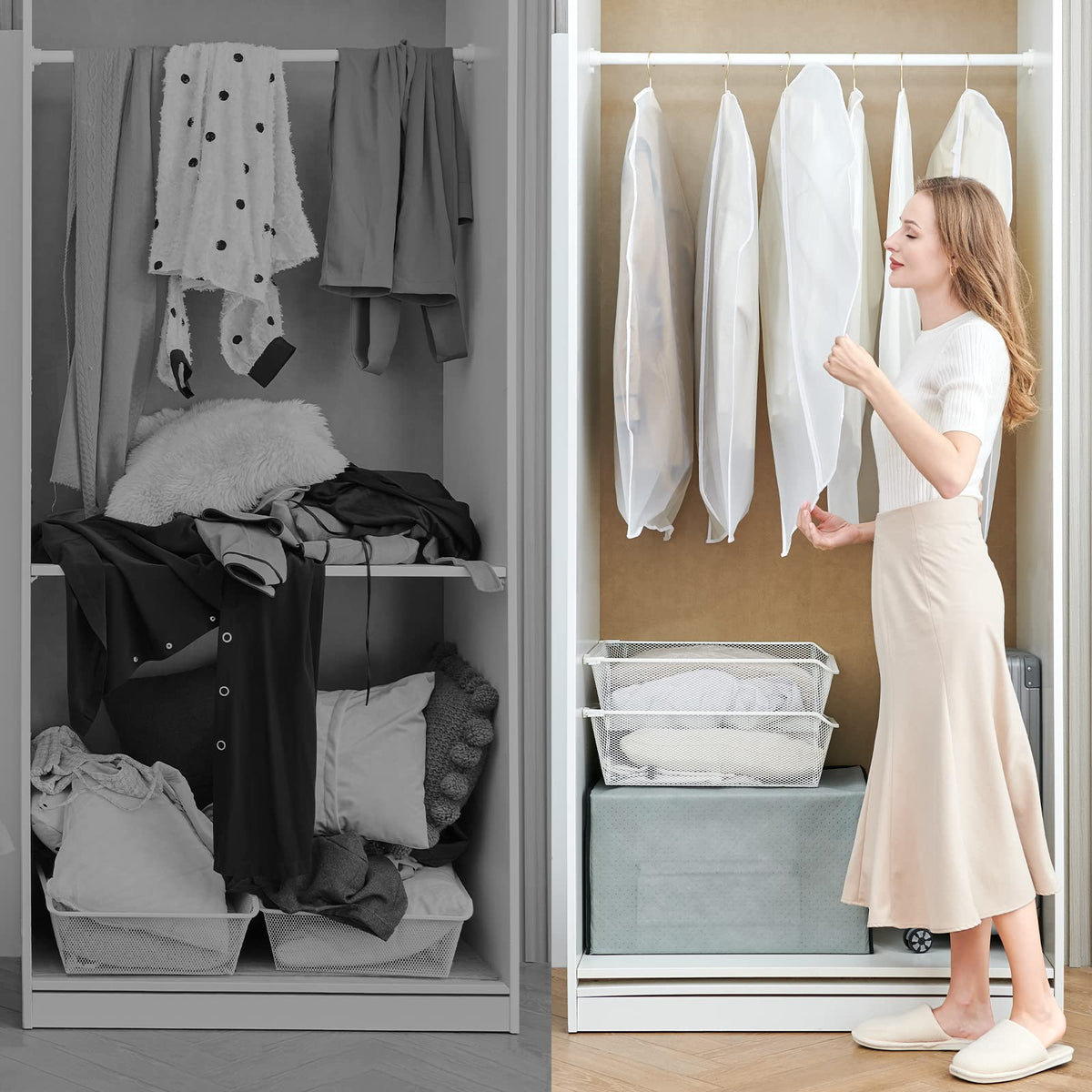 GoMaihe Clothes Cover Bags Set of 12, 60 x 120cm/6pcs + 60 x 100cm/6pcs Dress Garment Bag with Zip in Wardrobes