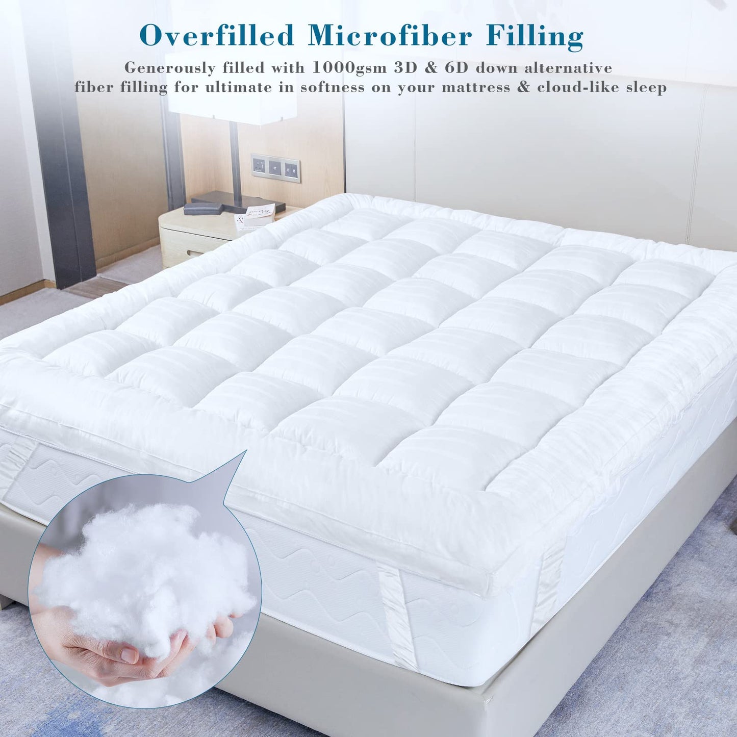 Threads For Bed Extra Thick Mattress Topper Double Bed 100% Cotton Cover, Soft Mattress Bed Topper Pad with Elastic Anchor Corner Straps, Baffle Box