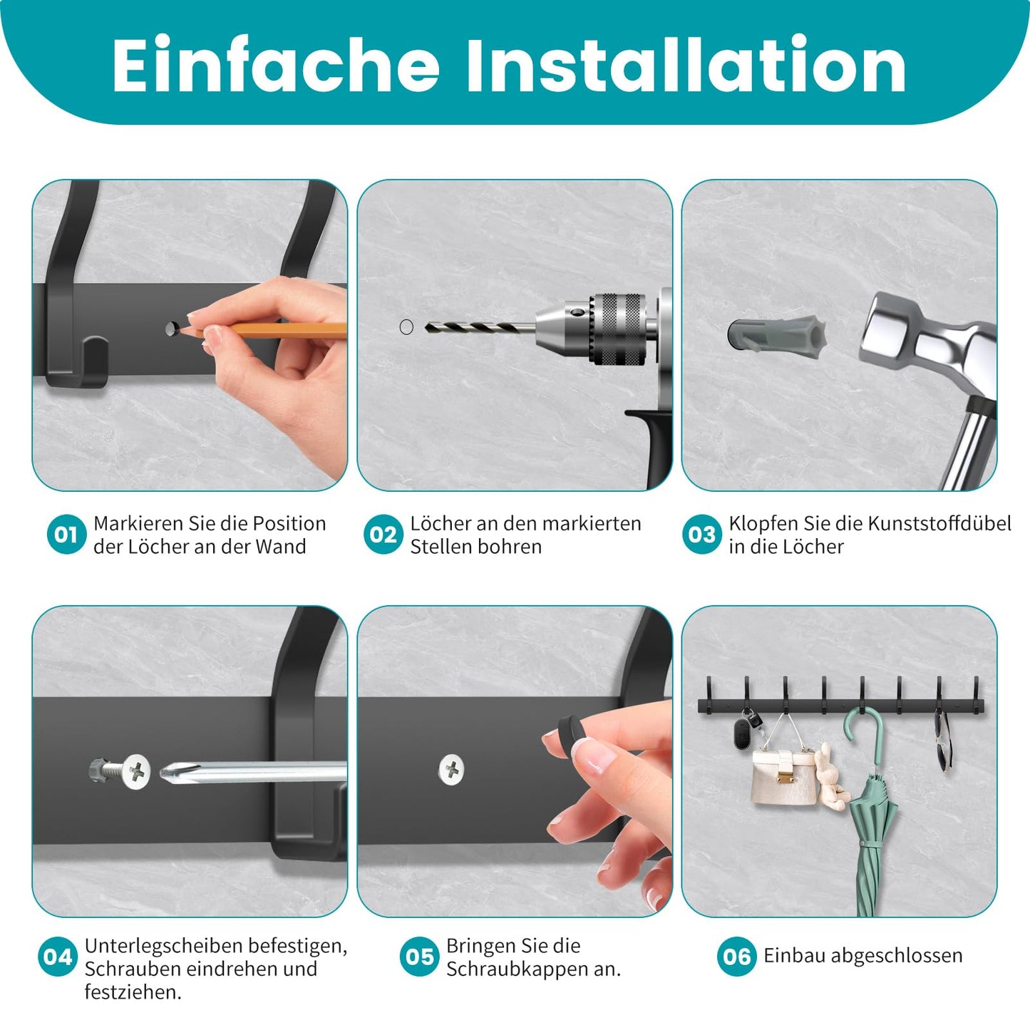 MEIJO Coat Hooks Wall Mounted Stainless Steel, Black Coat Rack Wall Mounted with 6 Hooks Heavy Duty Coat Hooks for Door, Bathroom, Bedroom, Kitchen