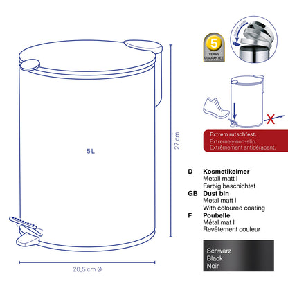 kela Cosmetic Bin Matt Black 5 Litres Silent-Close Lid Pedal Bin Bathroom Bin, Bathroom Bin with Inner Bucket and Carry Handle