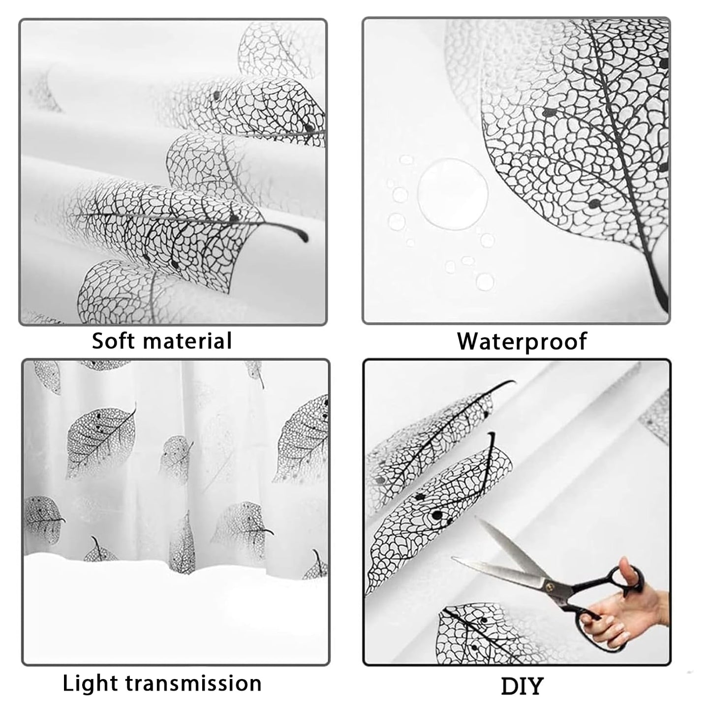 Shower Curtains Mould Proof Resistant - Leaves Patterned Semi-Transarent Shower Curtain, PEVA Waterproof Bathroom Curtains with 12 Hooks, 180 x 180 cm