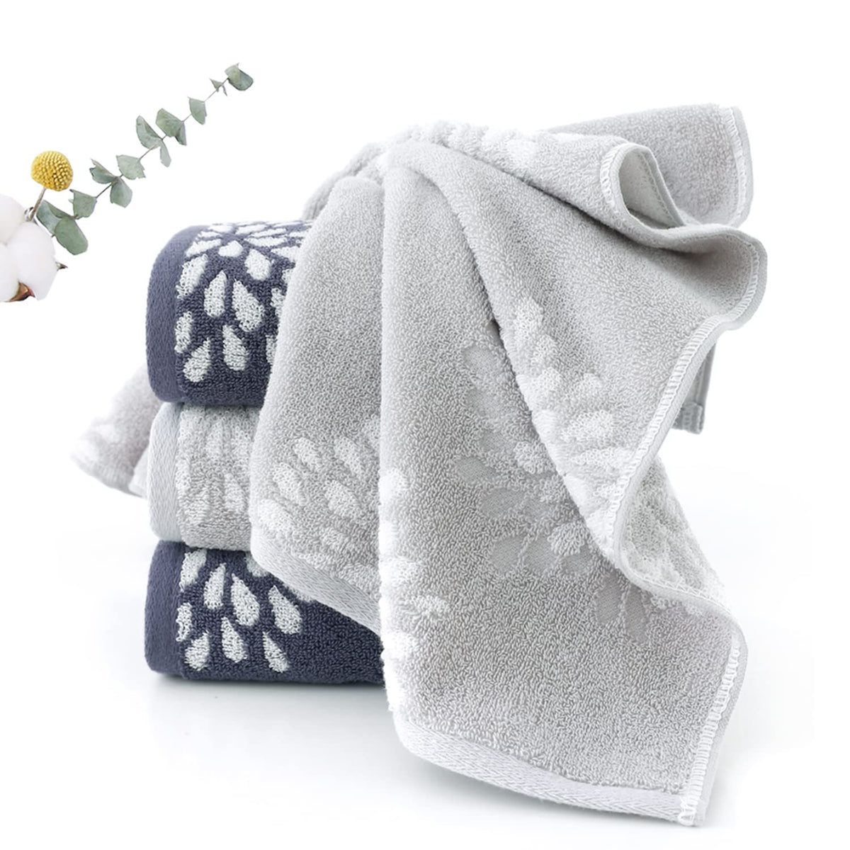 Pidada Hand Towels Set of 4 Hydrangea Floral Pattern 100% Cotton Absorbent Soft Decorative Towel for Bathroom Light Grey
