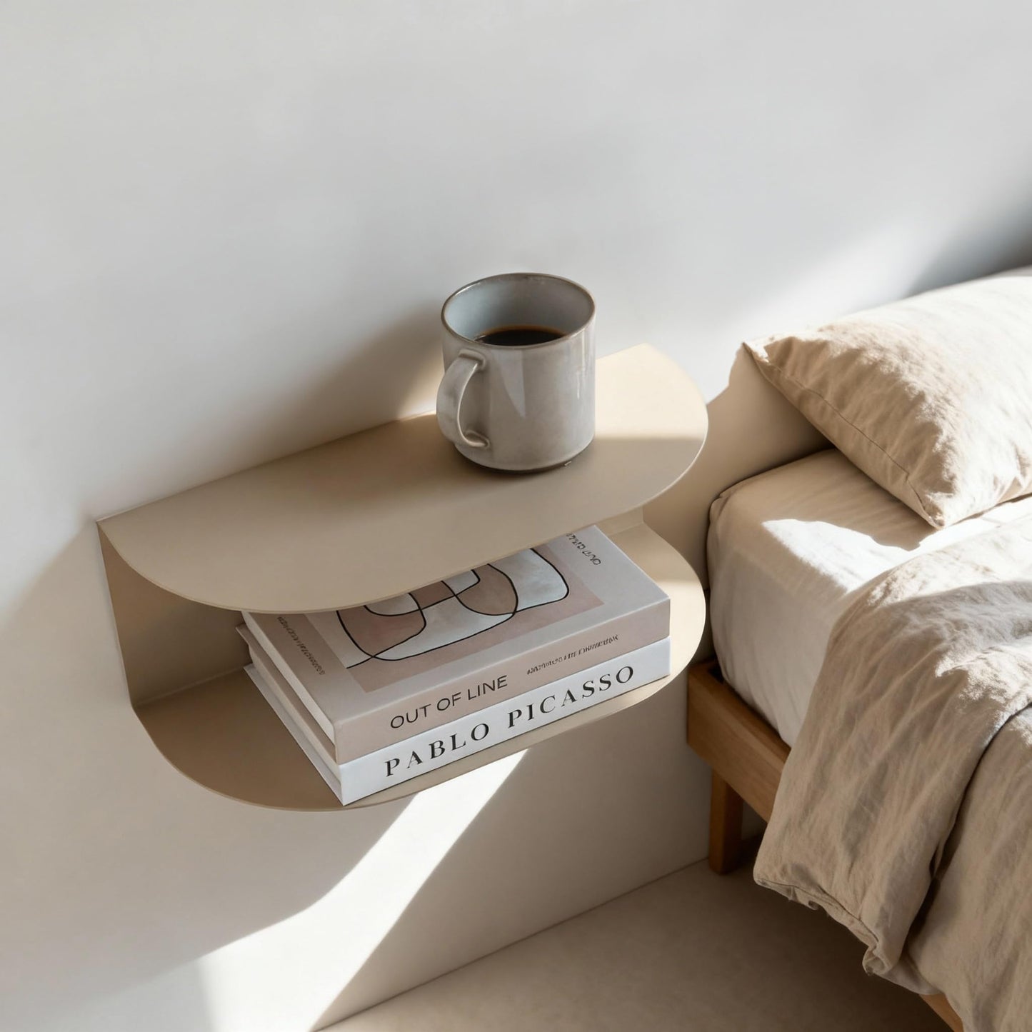 MILUKA Floating Bedside Tables Set of 2 | Wall Mounted Console Table 40 X 20 cm in Beige Sand Metal, 2 shelf Design | Modern Floating shelves