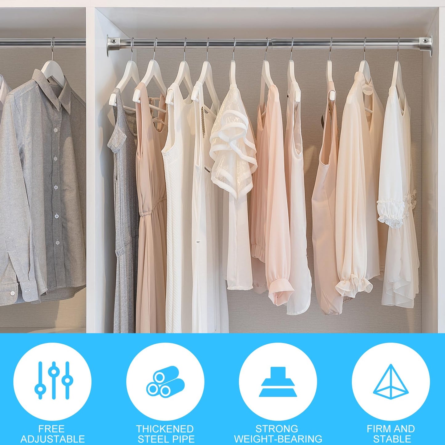 Wardlock 56-100cm Extendable Stainless Steel Wardrobe Rail, Adjustable Clothes Rail Pole With U Shaped End Sockets.