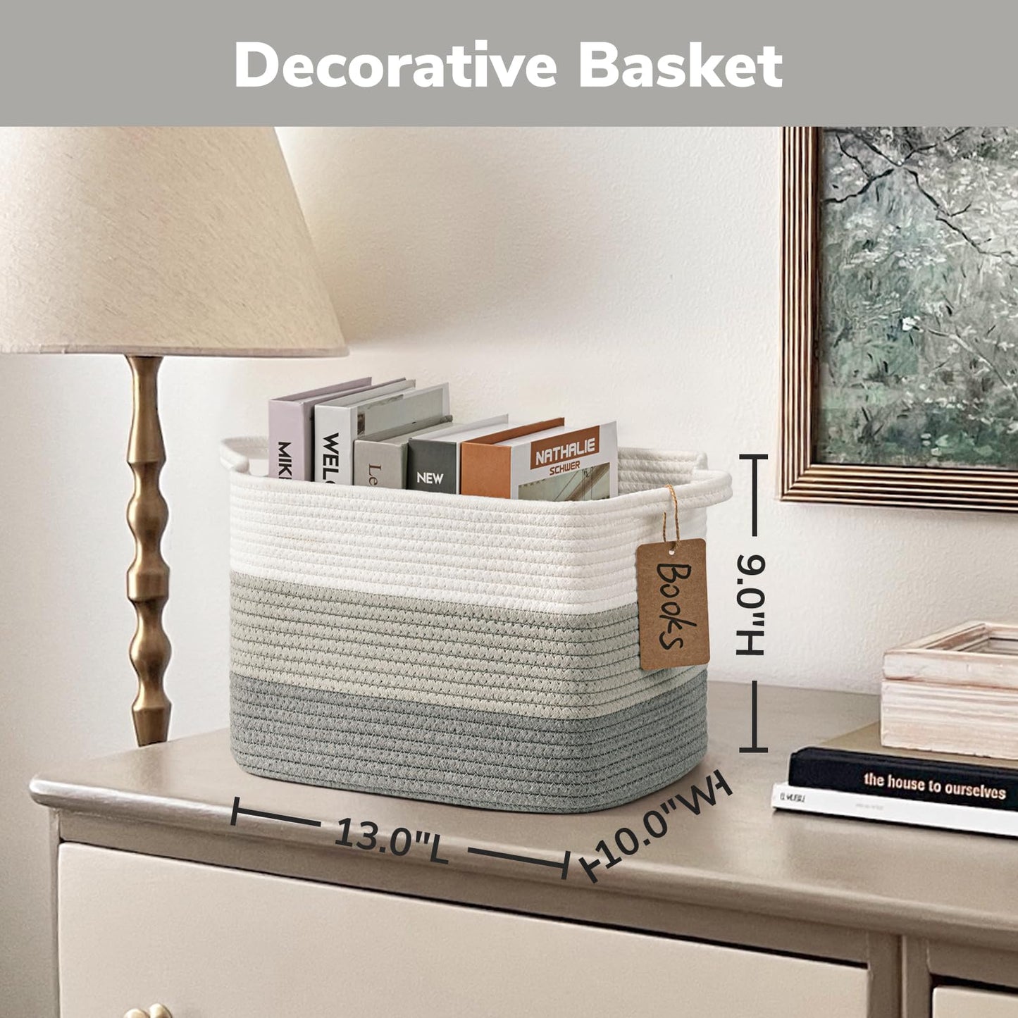 TIMEYARD Woven Storage Basket Cotton Rope Shelf Basket with Handles Grey