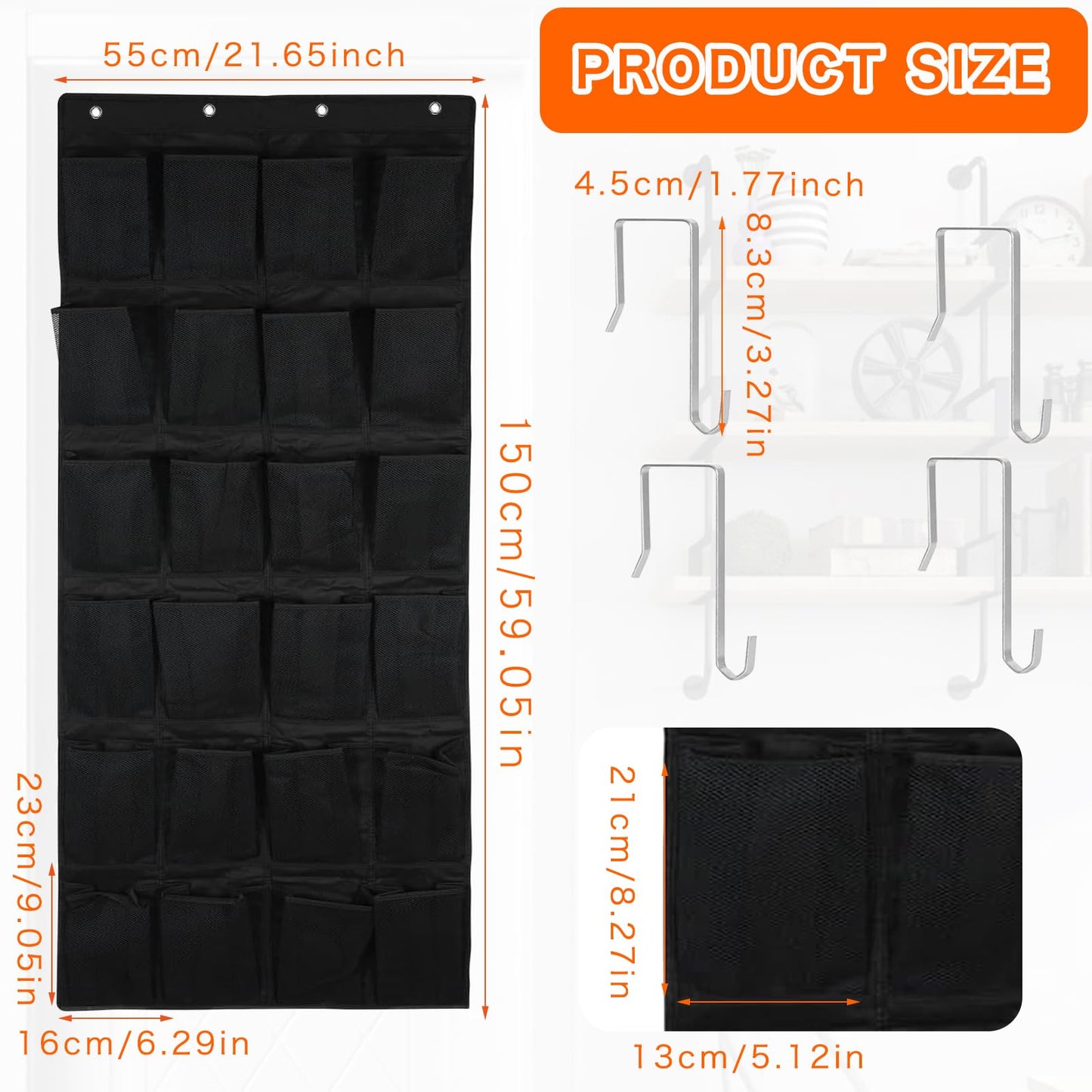 Yunyige Shoe Door Storage, Overdoor Shoe Storage Organiser, over Door Shoes Rack with 24 Mesh Pockets, Shoes Hanging Storages (Black)