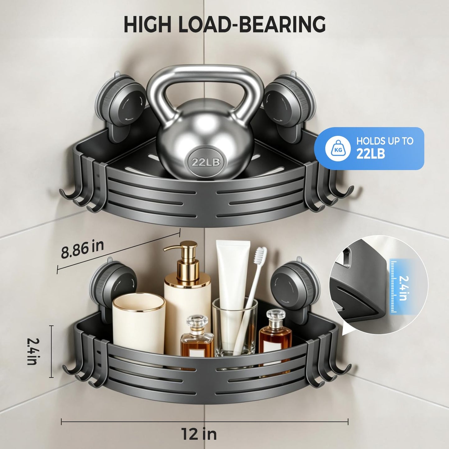 Lekesky Corner Shower Caddy Suction Cup, Shower Shelf No Drilling, Rust Resistant Bathroom Corner Shelves， Removable Shower Rack for Bathroom