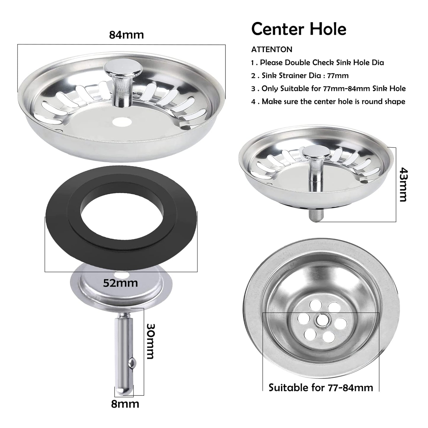 1 PC 84mm Kitchen Sink Plugs, Stainless Steel Kitchen Sink Strainer Plug Waste Stopper Sink Strainer Replacement Sink Plug Basket Strainer Sink Drain