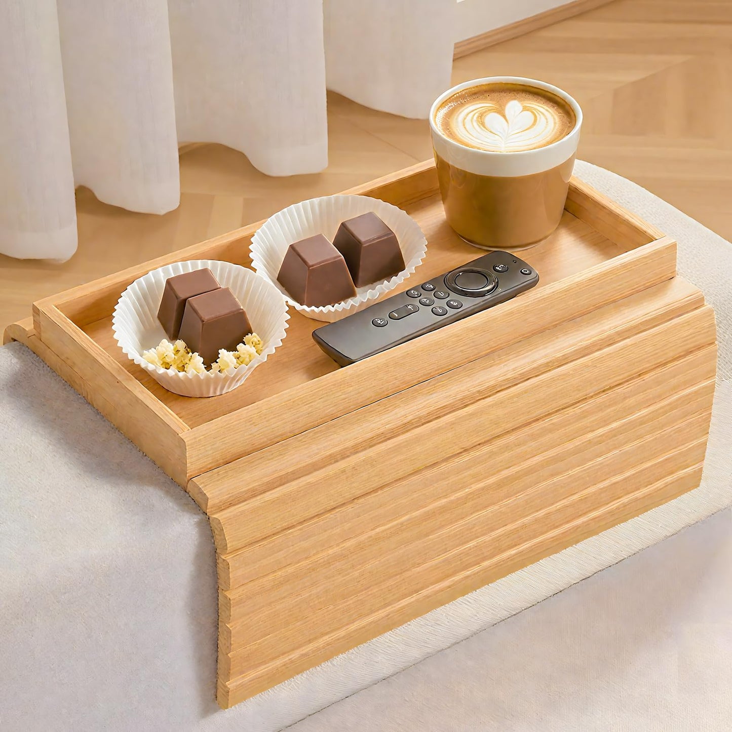 ULIKEUS Bamboo Sofa Arm Tray Foldable Couch Cup Holder Anti-Slip Armrest Organizer Sofa Side Table for Control, Drink, Snacks, Cups