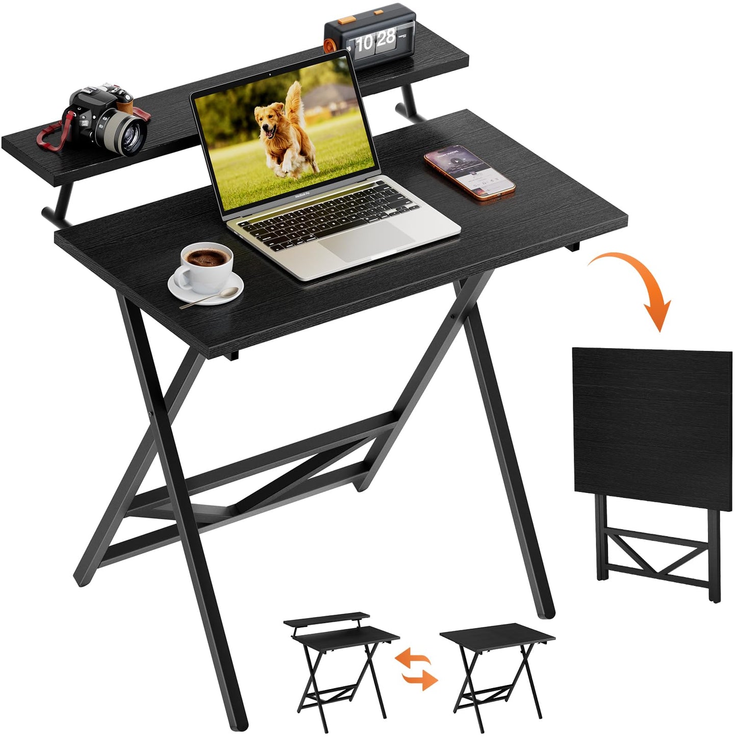 WOHOMO Folding Table with Monitor Stand, Foldable Computer Desk, Black