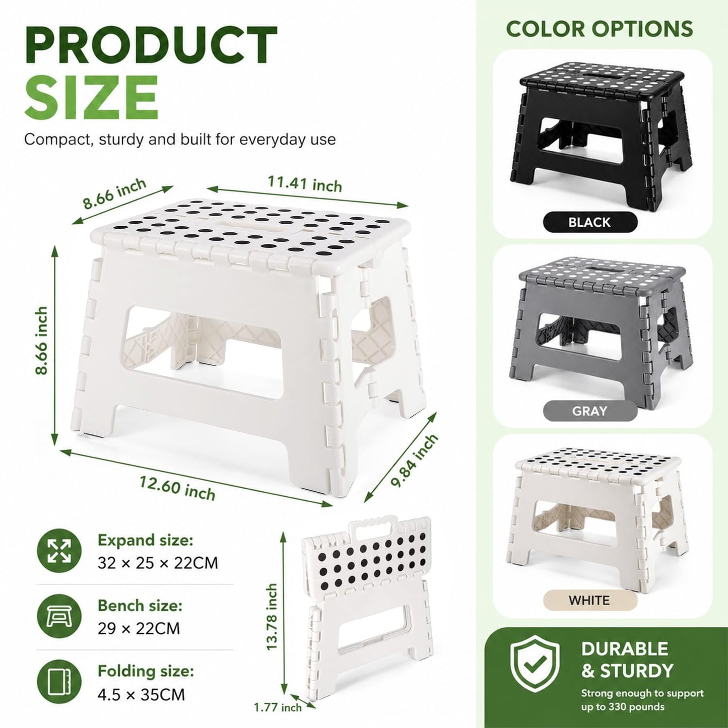 MASS DYNAMIC 9 Inch Folding Step Stool, Portable Plastic Footstool with Carry Handle, Non-Slip Top, Compact Collapsible Seat for Kitchen, Bathroom