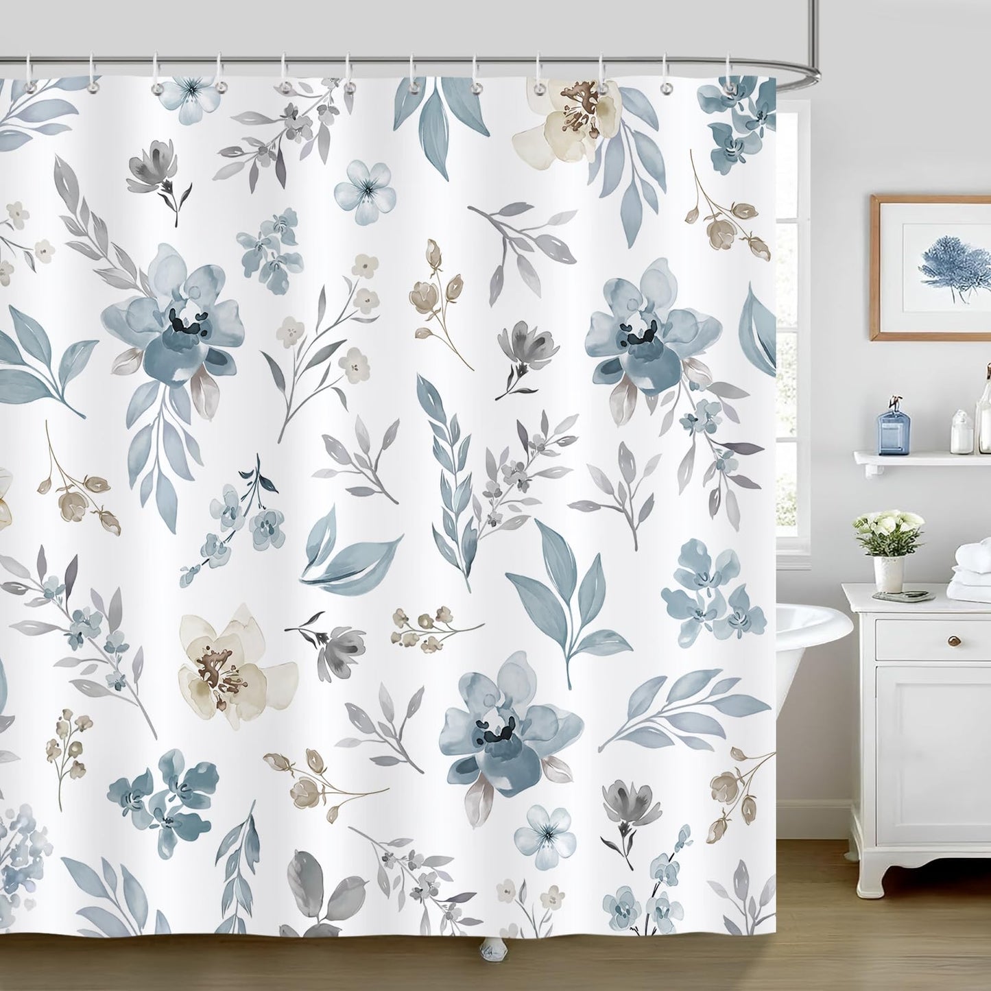 Bonhause Blue Floral Leaves Shower Curtain, Watercolor Flowers Plant Modern Bathroom Curtain 180 x 180 cm Waterproof Mildew and Mould Resistant