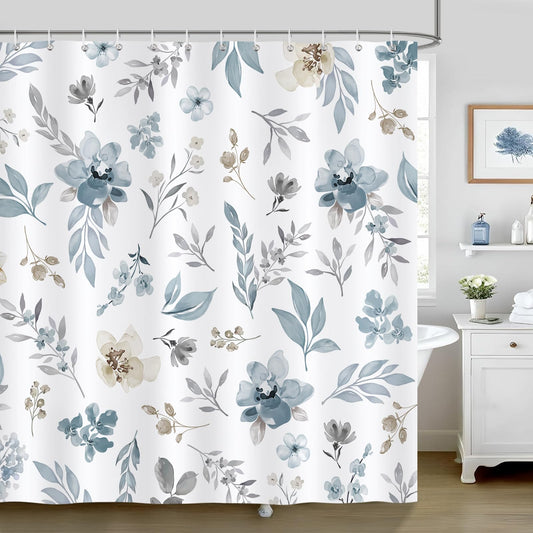 Bonhause Blue Floral Leaves Shower Curtain, Watercolor Flowers Plant Modern Bathroom Curtain 180 x 180 cm Waterproof Mildew and Mould Resistant