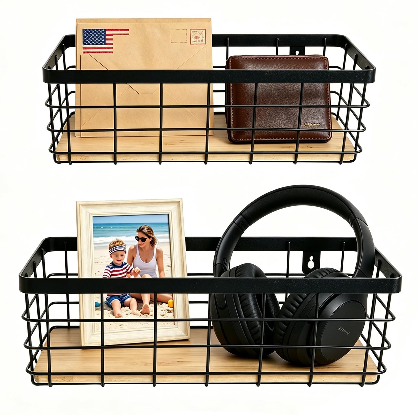 ShabbyDecor Metal Wire Basket Detachable Wood Base Storage Organizer Farmhouse Bin for Kitchen Cabinets, Bathroom, Pantry, Laundry Room