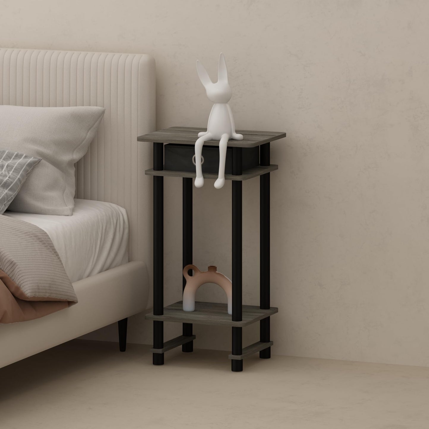 Furinno TURN-N-TUBE Night Stand Set of 2, 3-Tier Open Shelf Design Nightstand with Storage Bin, Tall Bedside Table, End Table, Side Table