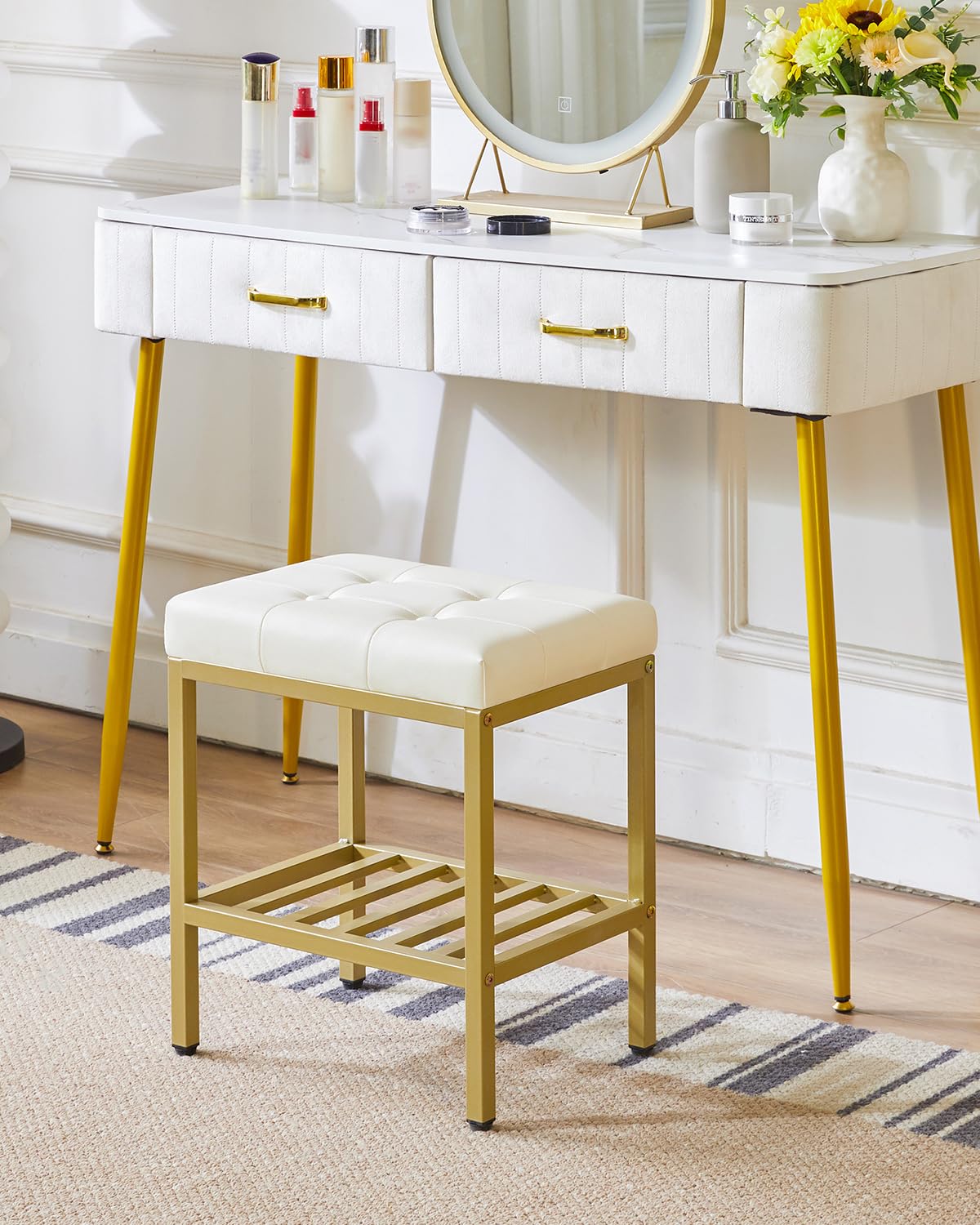 IBUYKE Rectangular Makeup Stool, PU Seat Vanity Chair, White WBD017W