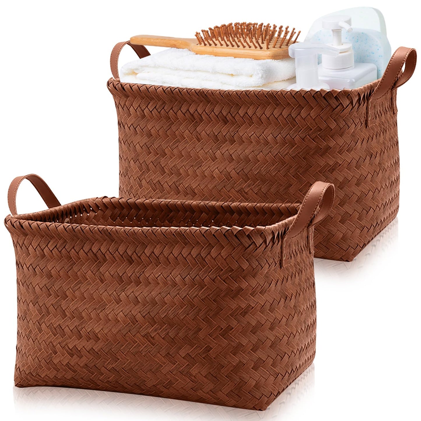 Lighterday 2 Pcs Wicker Storage Basket - Large Woven Basket With Handle for Shelves, Faux Rattan Seagrass Box Organizer for Home Office