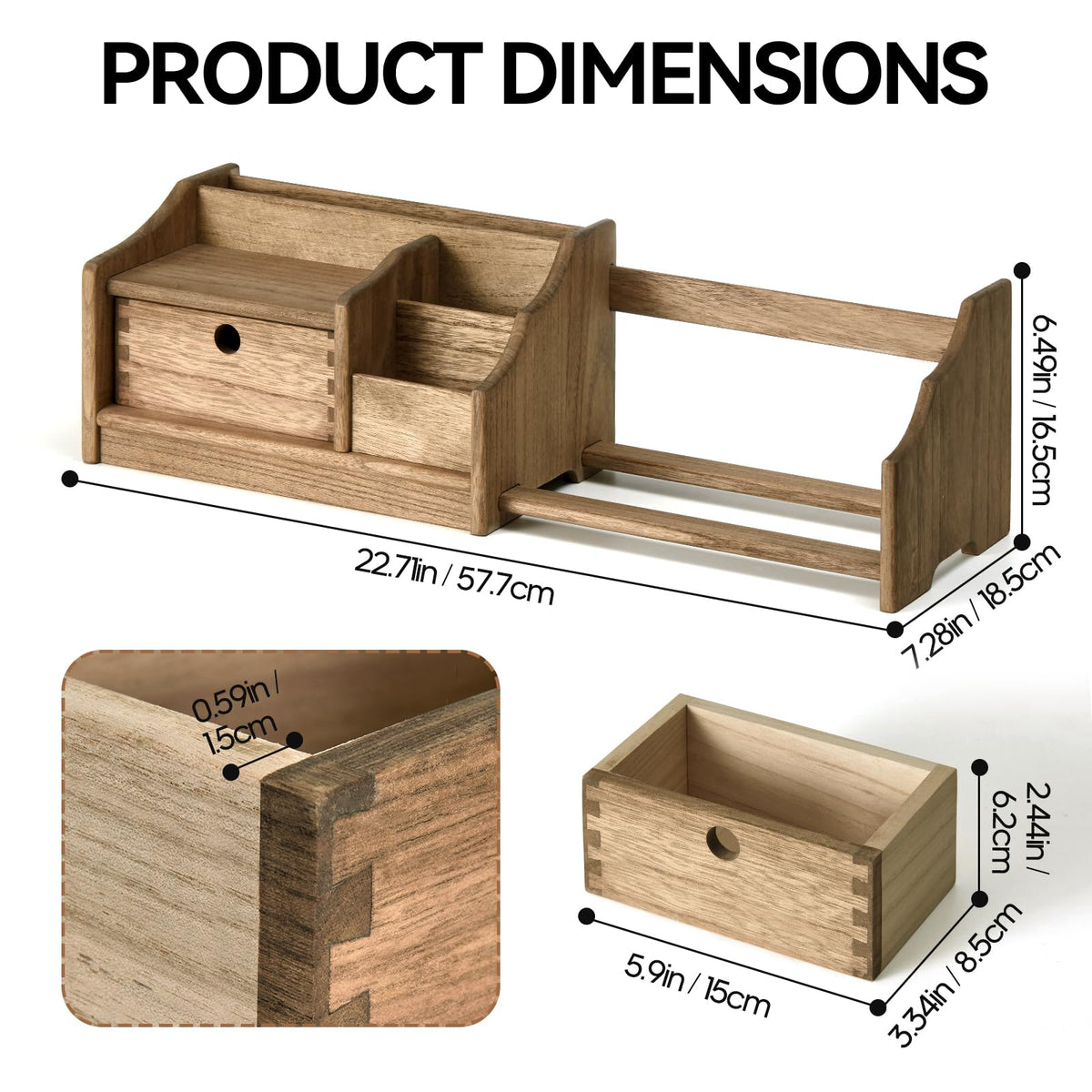 KIRIGEN Wooden Desktop Organiser with Drawer, Adjustable Bookshelf, Brown