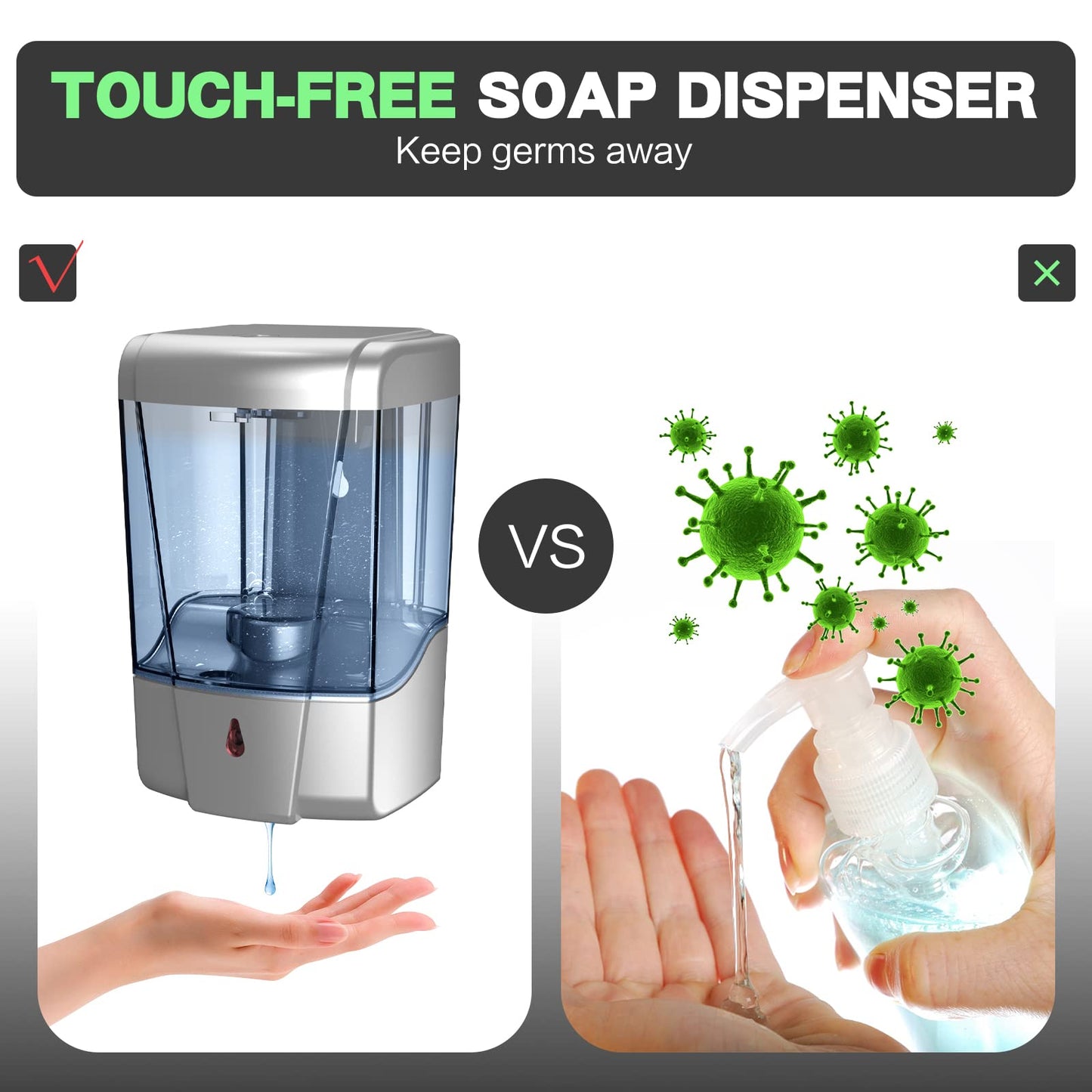 interhas! Automatic Wall Mounted Commercial Hand Sanitizer Dispenser - Liquid/Gel Touchless, 600ml/20oz (Silver)
