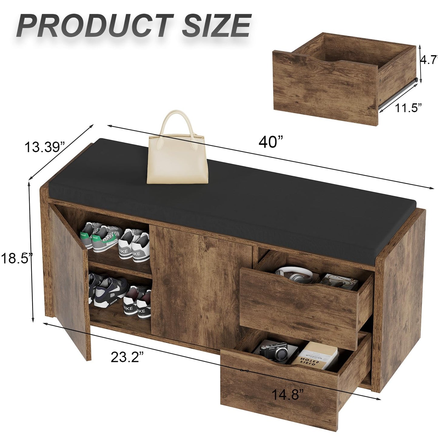 LVB Entryway Shoe Bench, Rustic Storage Bench with Cushioned Seat, Long Hidden Shoe Organizer Bench with 2 Drawers