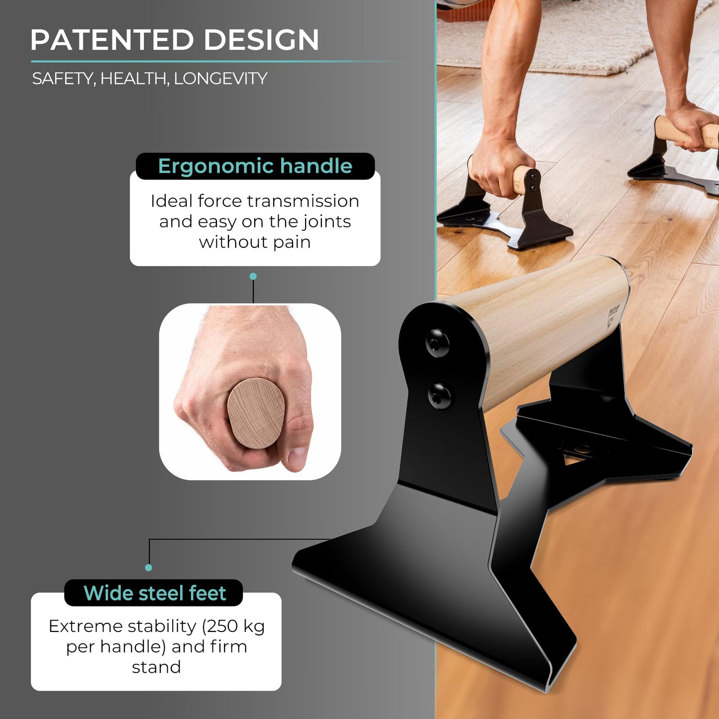 PULLUP & DIP Parallettes - Push Up Handles with Ergonomic Wooden Handles & Heavy-Duty Steel - Non-slip Parallettes Bars for Strength Training and