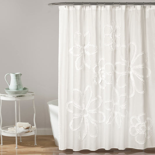 Lush Decor Ruffle Flower Shower Curtain | Floral Textured Shabby Chic Farmhouse Style Design, x 72?, White, 72 Inches