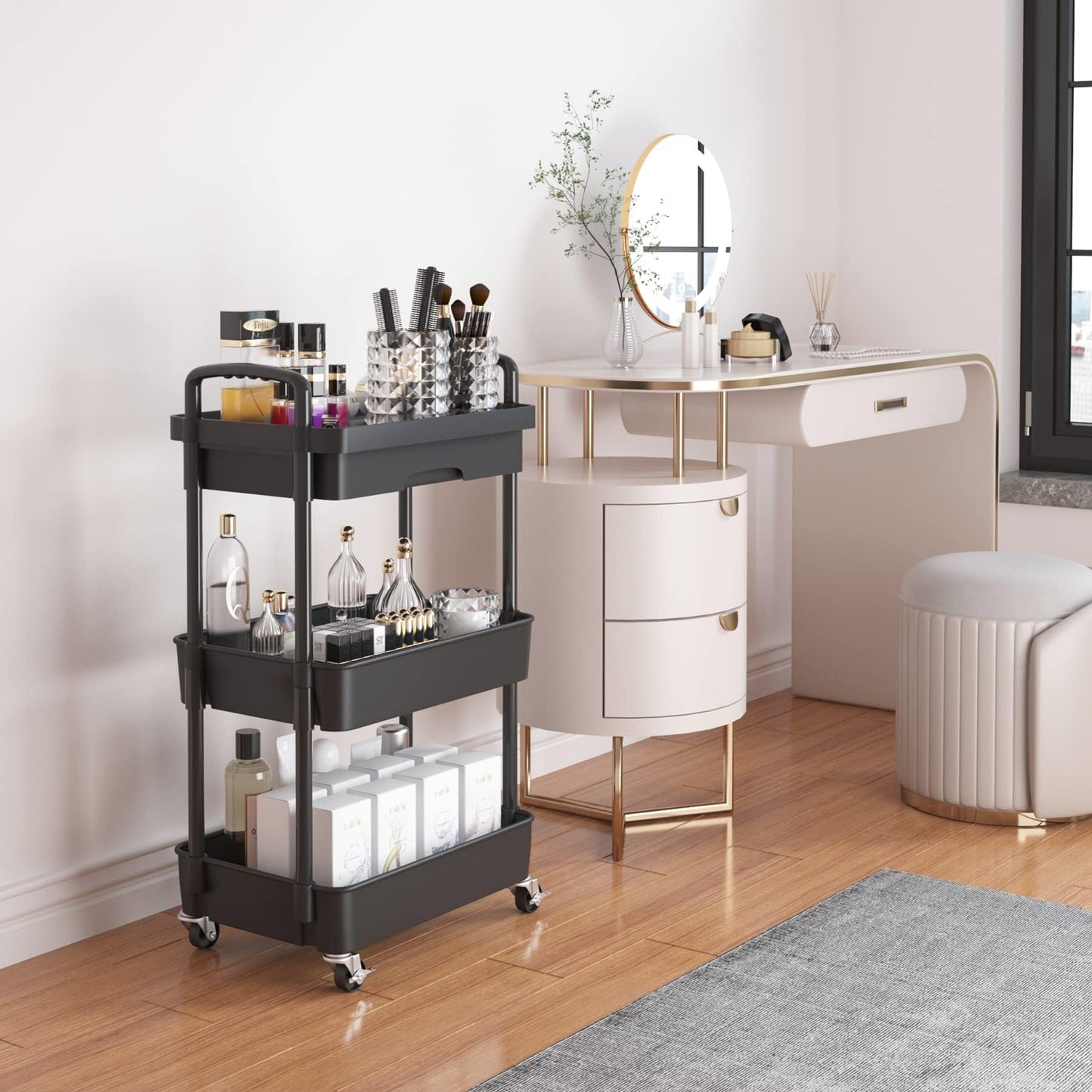 Wuciray Beauty Trolley on Wheels 3 Tier Storage Trolley with Drawer Plastic Beauty Trolleys Rolling Utility Cart for Home Kitchen Bathroom Laundry