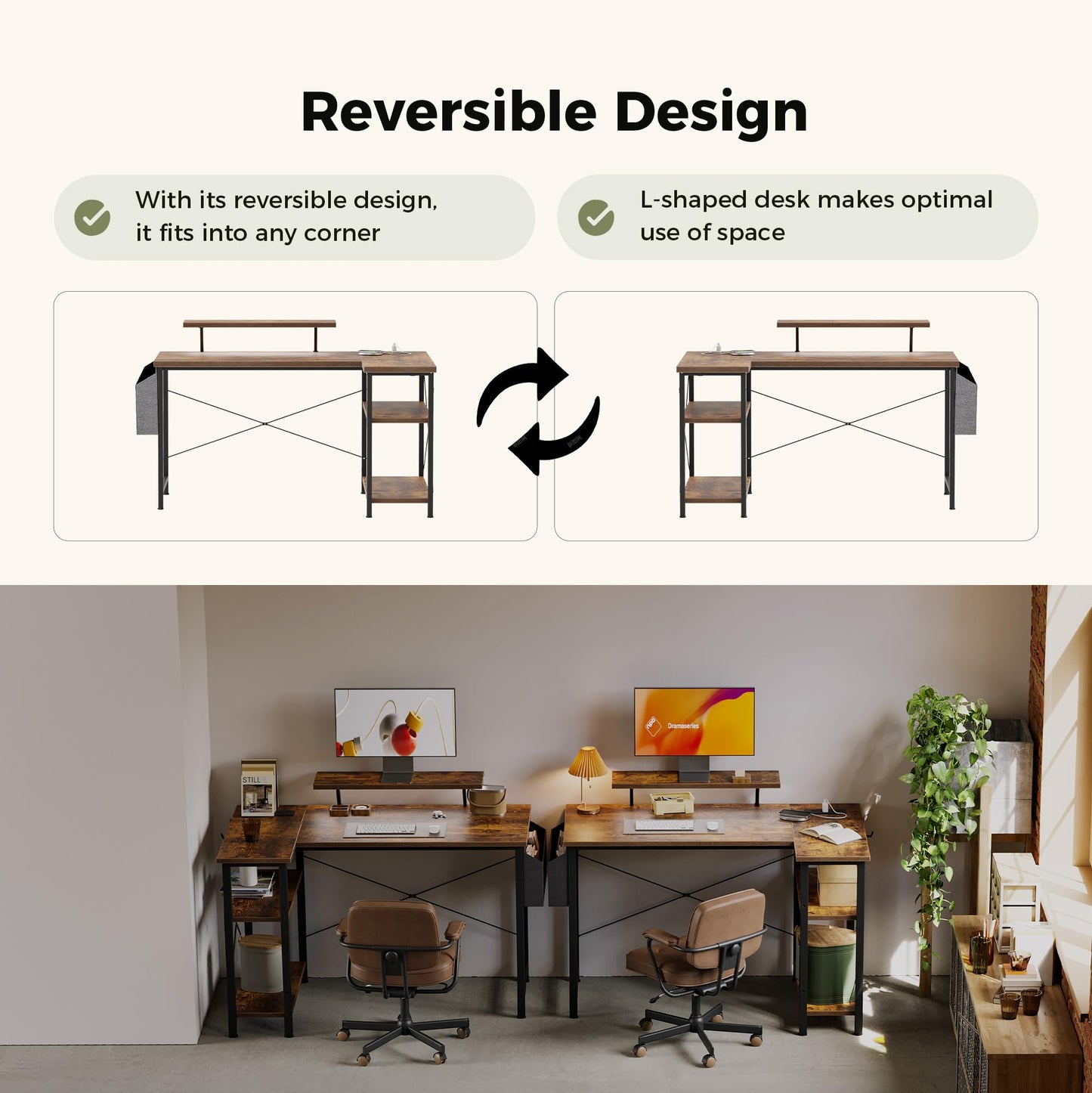 Mericonia Corner Desk, w. Monitorstand & Built-in Socket, 140x70cm, Brown