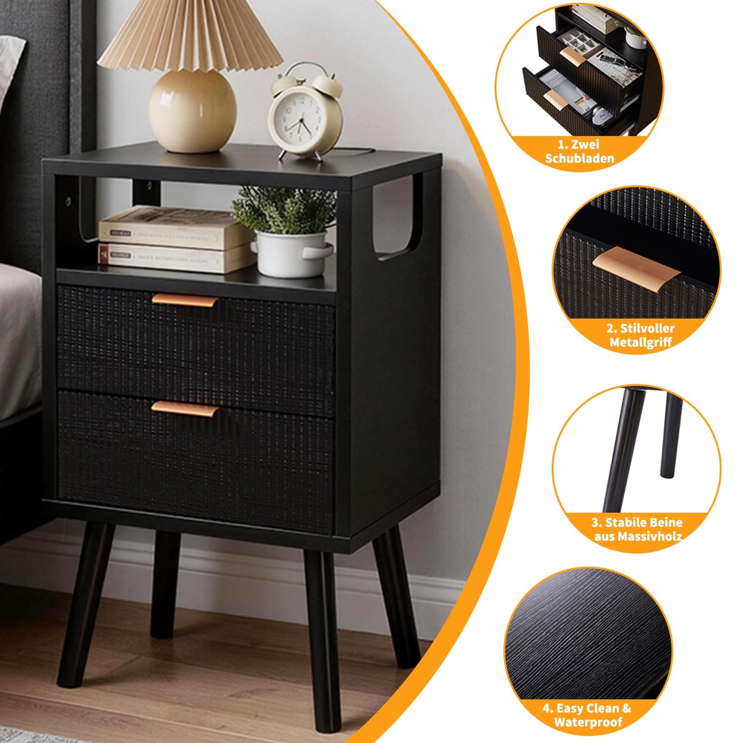 Aibiju Nightstand, Mid Century Modern Bedside Table with 2 Storage Drawers, Open Compartment, Solid Wood Legs, 3-Tier Night Table for Bedrooms