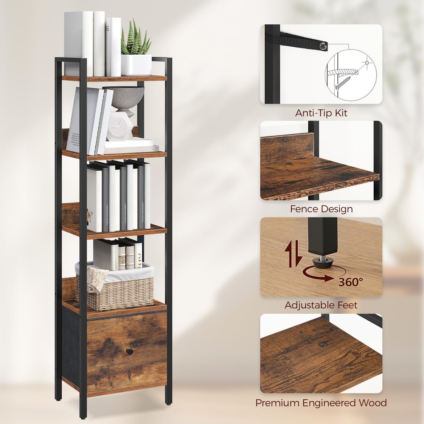 MAHANCRIS Bookshelf, 5-Tier Bookcase with Removable Drawer, Freestanding Book Shelf for Small Space, Storage Shelf Organizer, for Living Room