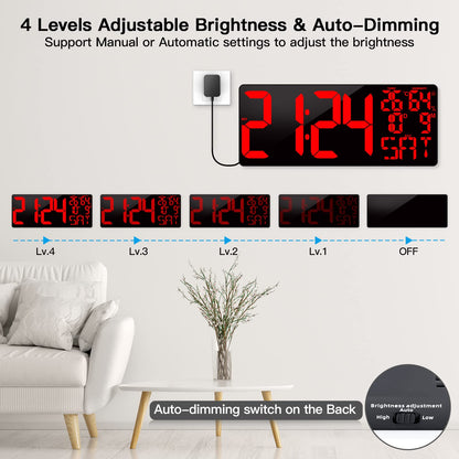XREXS 18 Inch Extra Large Digital Wall Clock with Remote Control, LED Large Wall Clocks, Count Up/Down Timer, Auto-Dimming Alarm Clock with